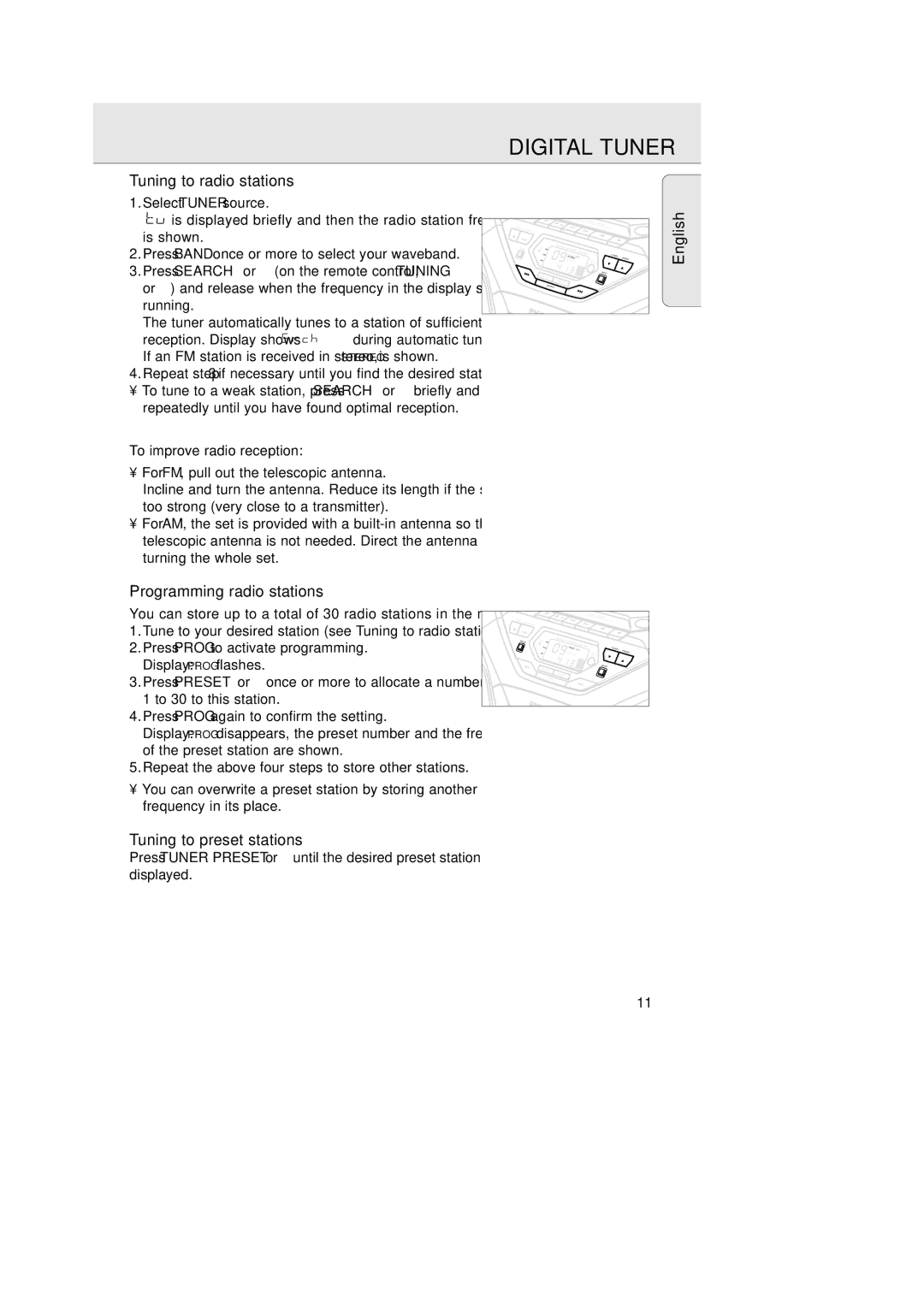 Philips AZ 1575 manual Digital Tuner, Tuning to radio stations, Programming radio stations, Tuning to preset stations 