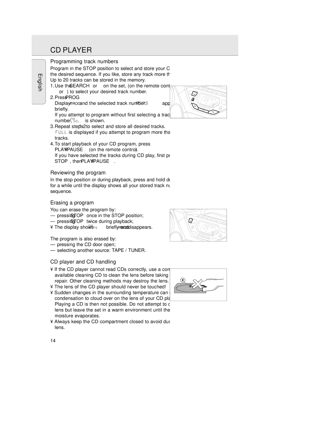 Philips AZ 1575 English Programming track numbers, Reviewing the program, Erasing a program, CD player and CD handling 