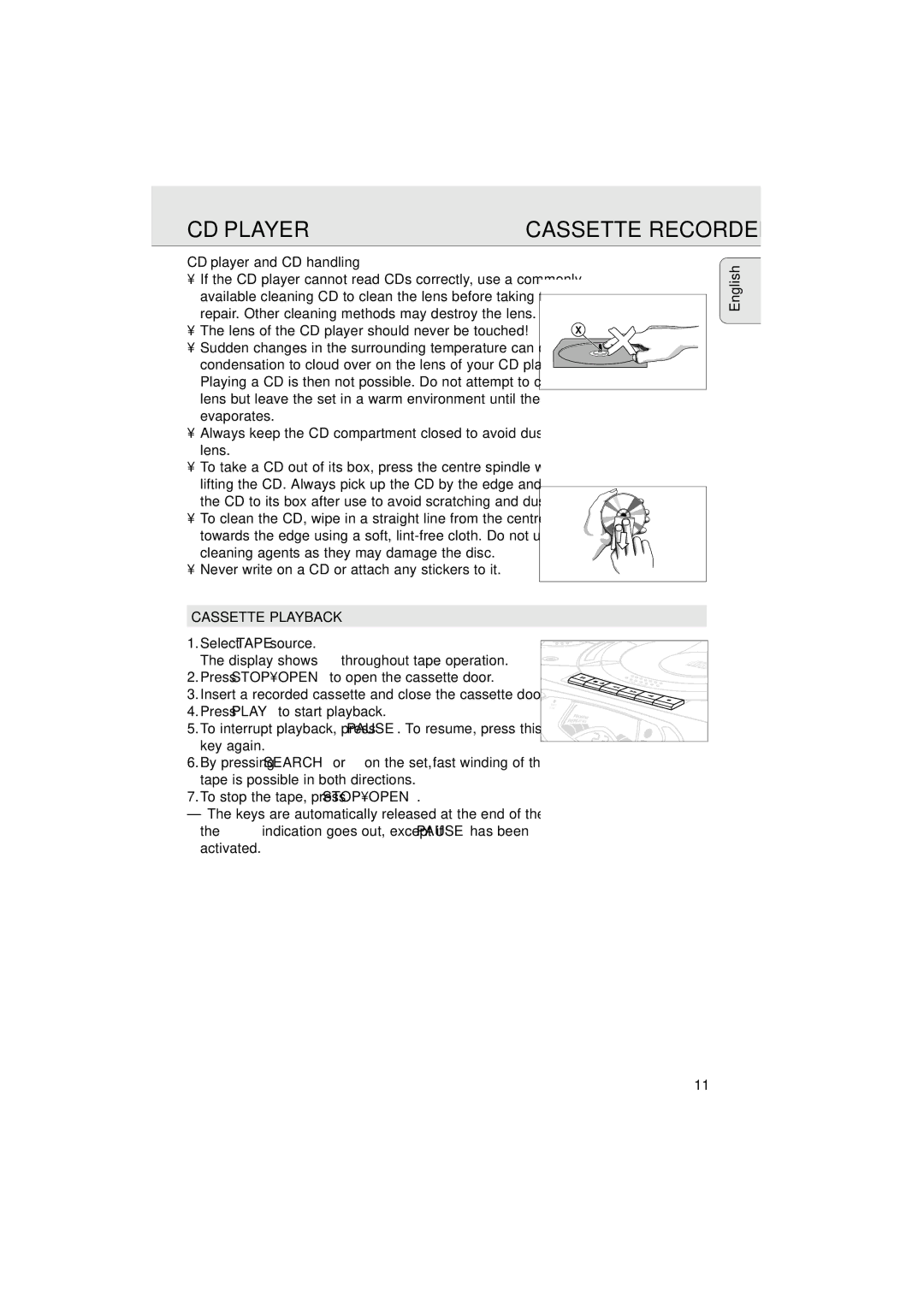 Philips AZ 2020 CD player and CD handling, If the CD player cannot read CDs correctly, use a commonly, Cassette Playback 