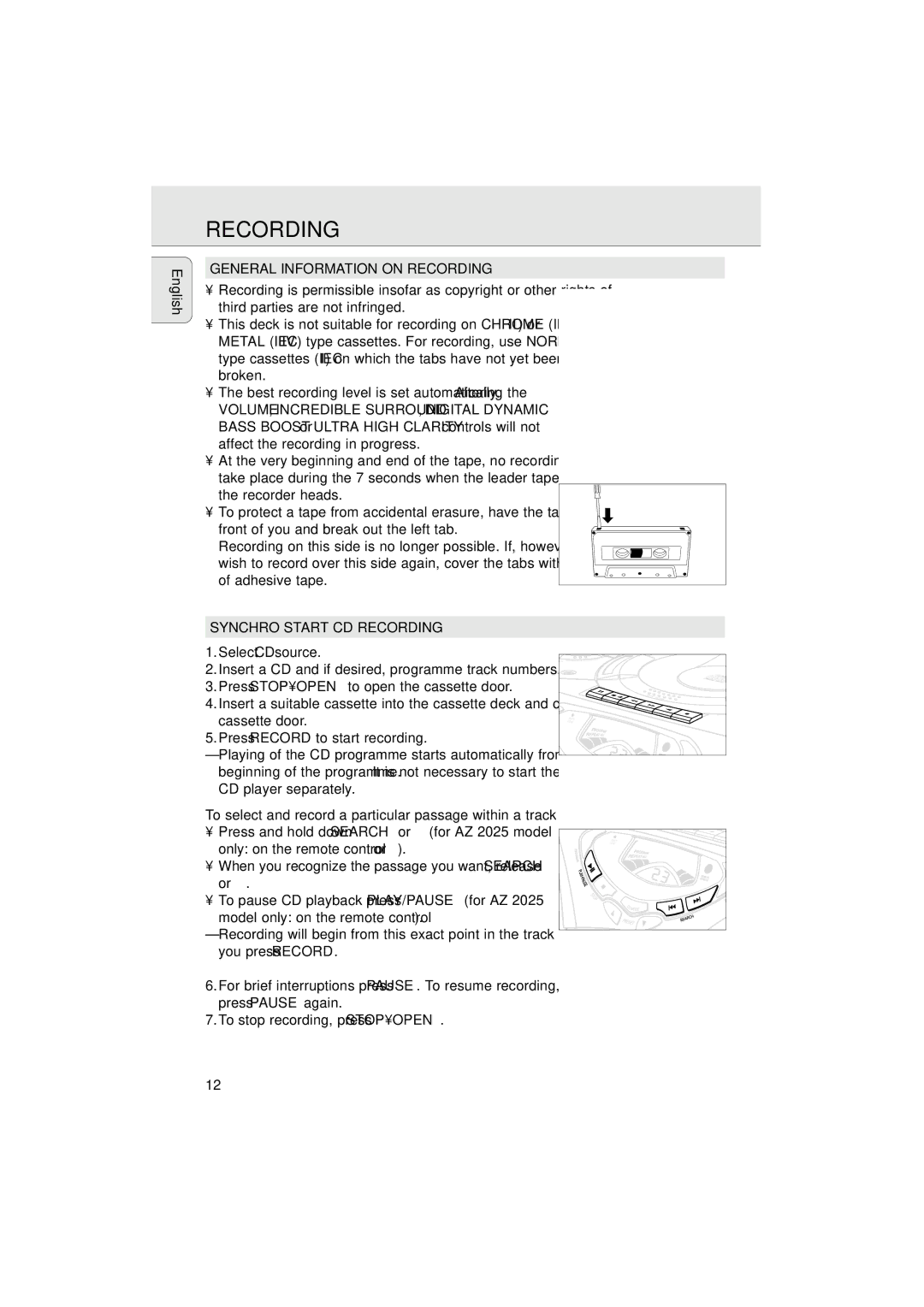 Philips AZ 2020 manual General Information on Recording, Synchro Start CD Recording 