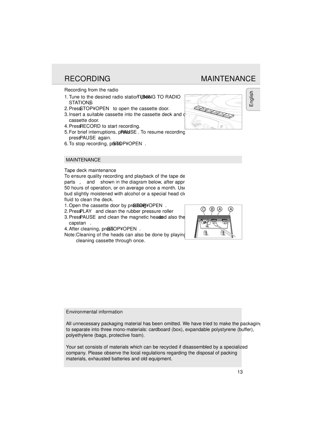 Philips AZ 2020 manual Recording from the radio, Maintenance, Tape deck maintenance, Environmental information 