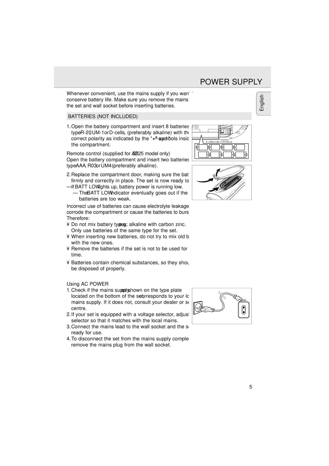 Philips AZ 2020 manual Power Supply, Batteries not Included, Remote control supplied for AZ 2025 model only, Using AC Power 