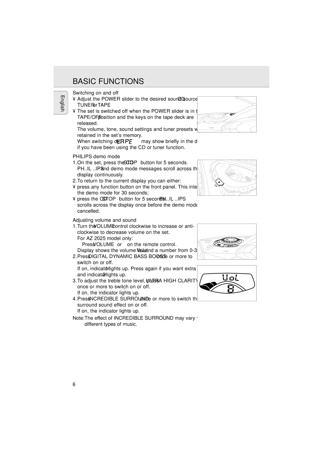 Philips AZ 2020 manual Basic Functions, Switching on and off, Philips demo mode, Adjusting volume and sound 