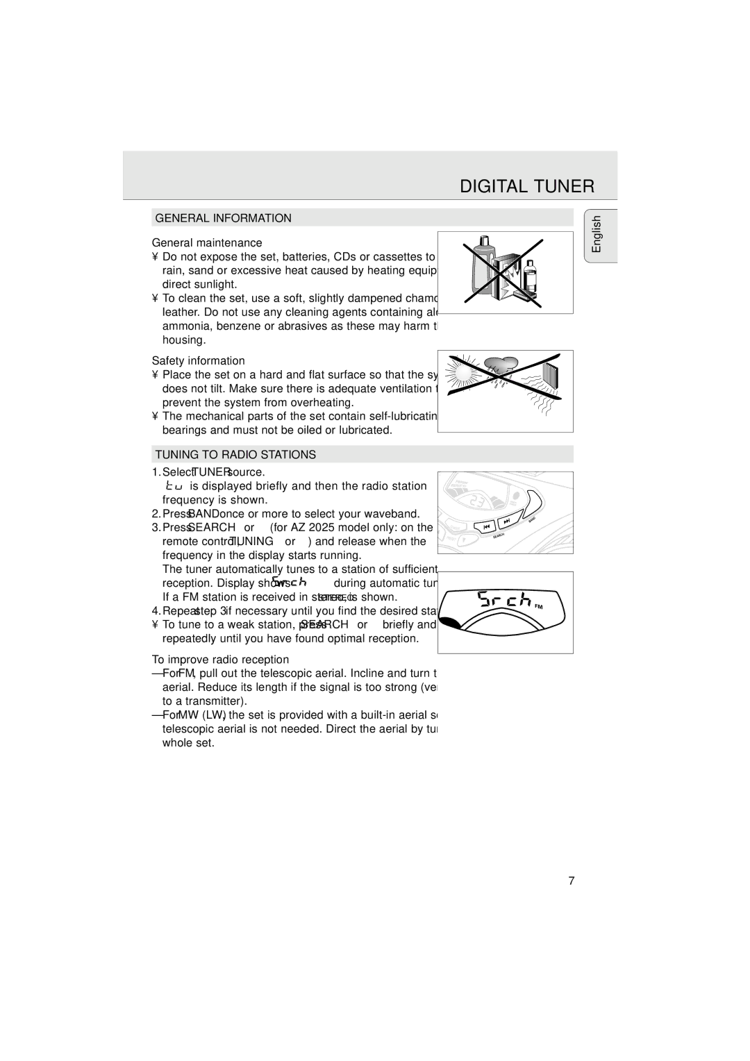 Philips AZ 2020 manual Digital Tuner, General Information, Tuning to Radio Stations 