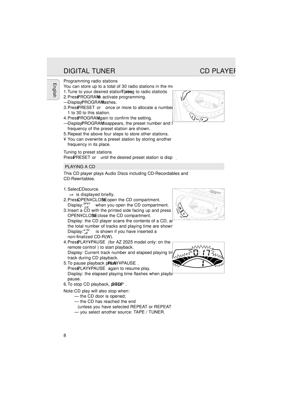 Philips AZ 2020 manual English Programming radio stations, Tuning to preset stations, Playing a CD 