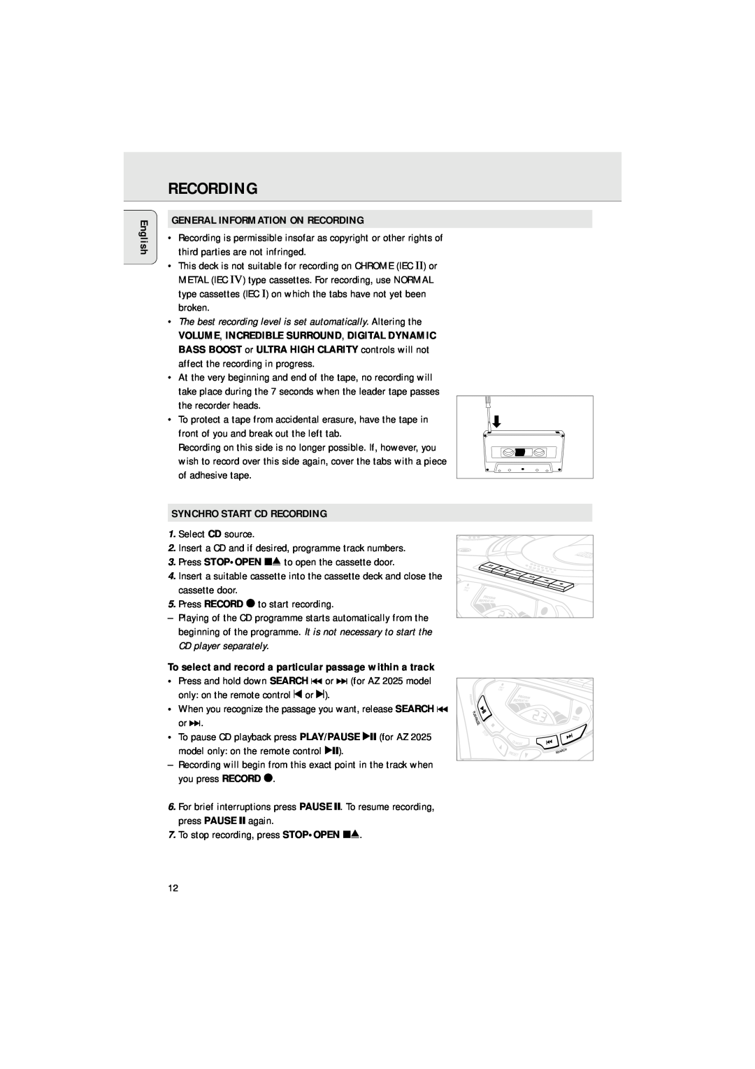 Philips AZ 2020 manual General Information On Recording, Synchro Start Cd Recording, English 