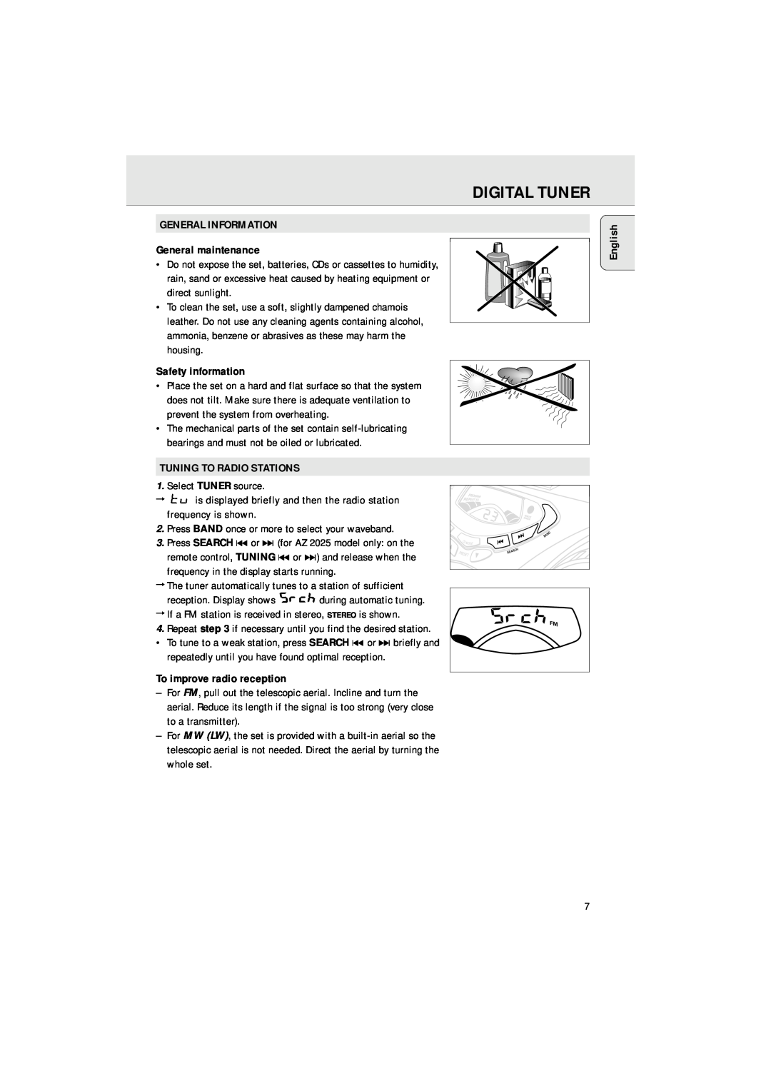 Philips AZ 2020 manual Digital Tuner, GENERAL INFORMATION General maintenance, Safety information, Tuning To Radio Stations 