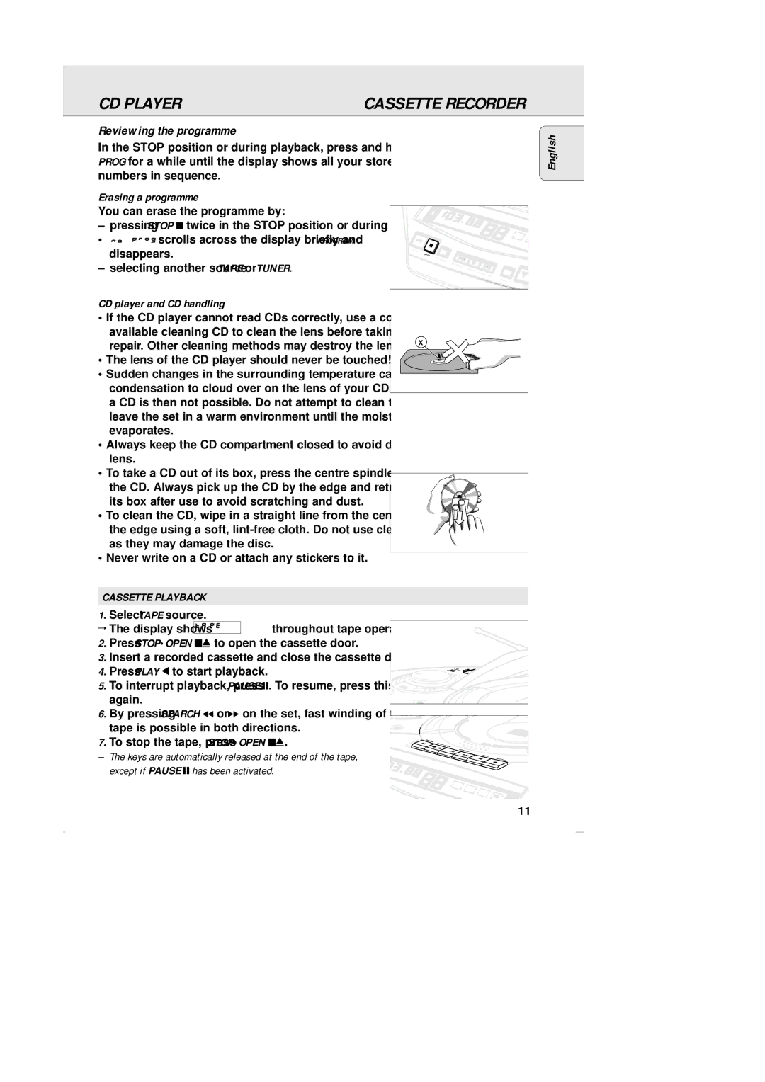 Philips AZ-2030 manual Reviewing the programme, Erasing a programme, CD player and CD handling, Cassette Playback 