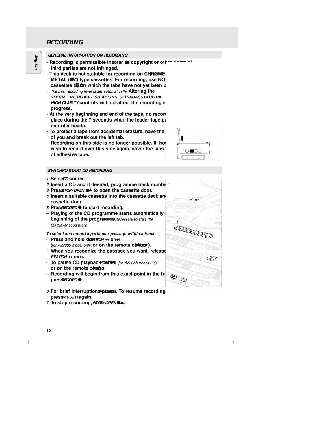 Philips AZ-2030 manual General Information on Recording, Synchro Start CD Recording 