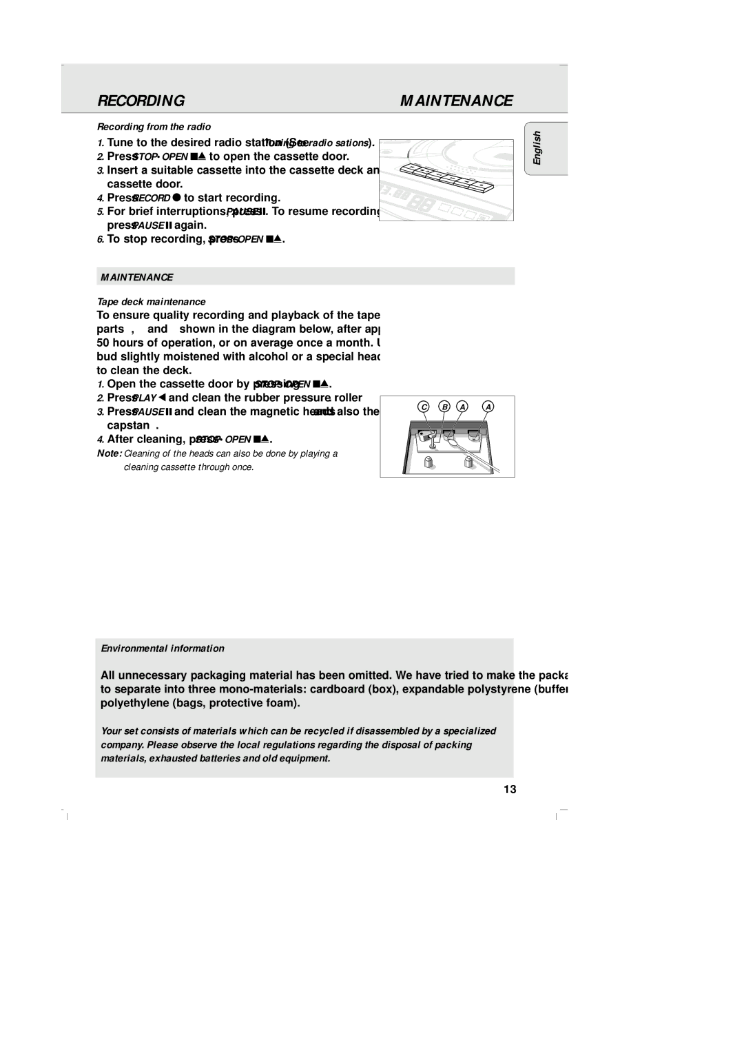 Philips AZ-2030 manual Recording from the radio, Maintenance, Tape deck maintenance, Environmental information 