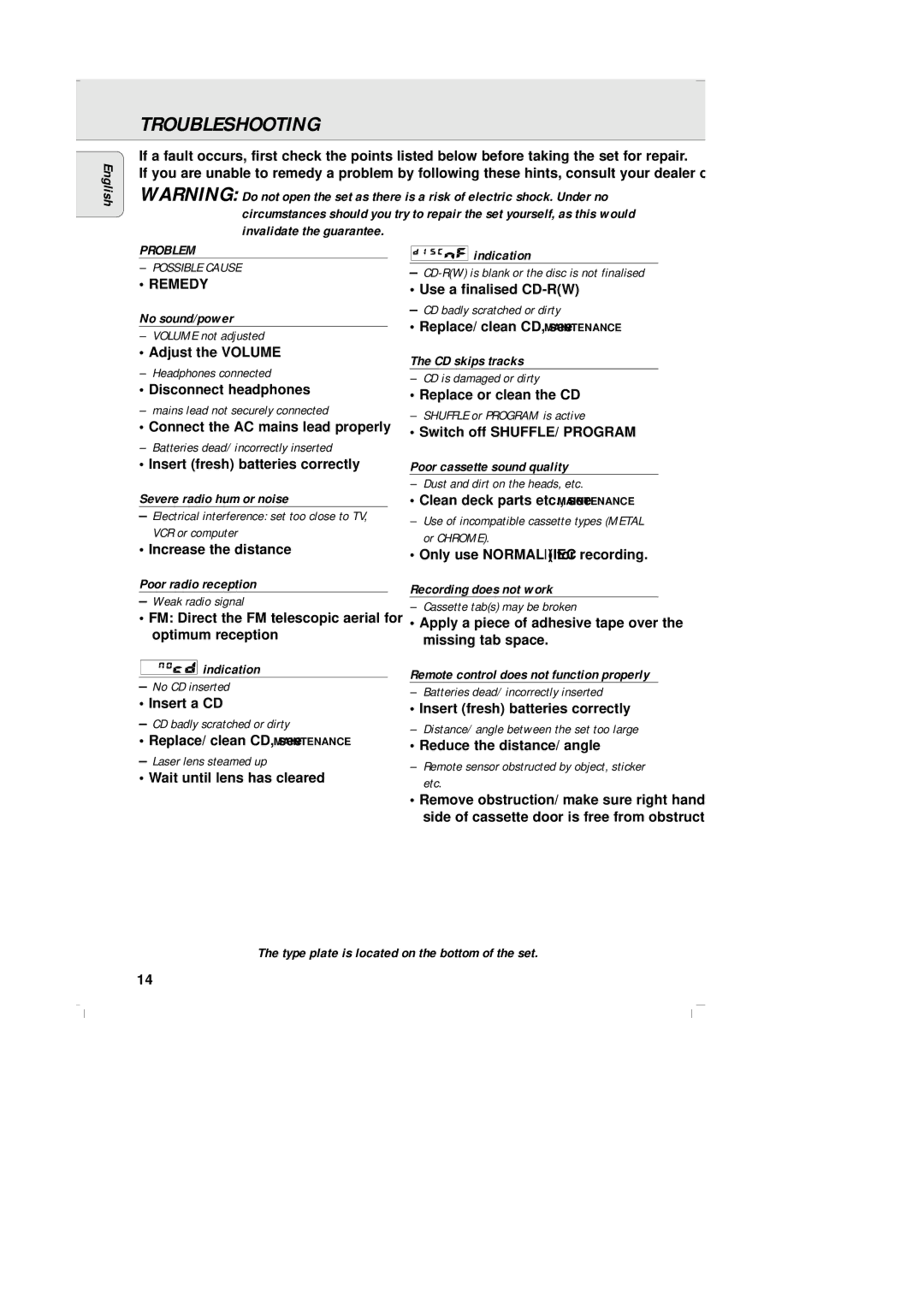 Philips AZ-2030 manual Troubleshooting, Problem 