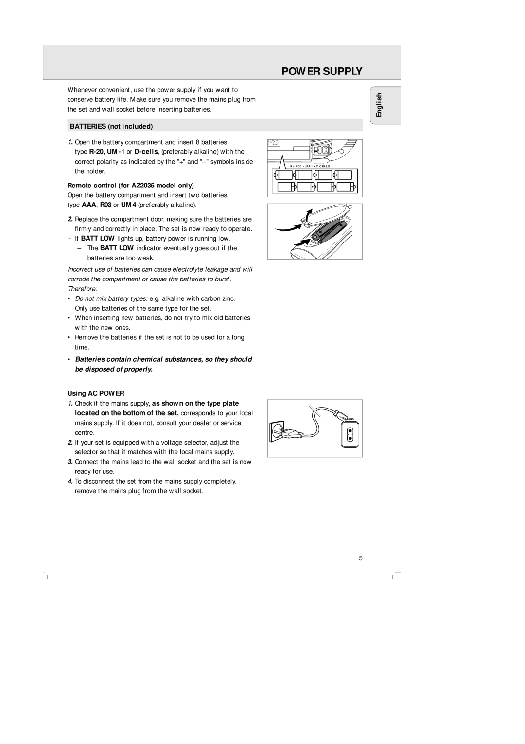 Philips AZ-2030 manual Power Supply, English Batteries not included, Remote control for AZ2035 model only, Using AC Power 