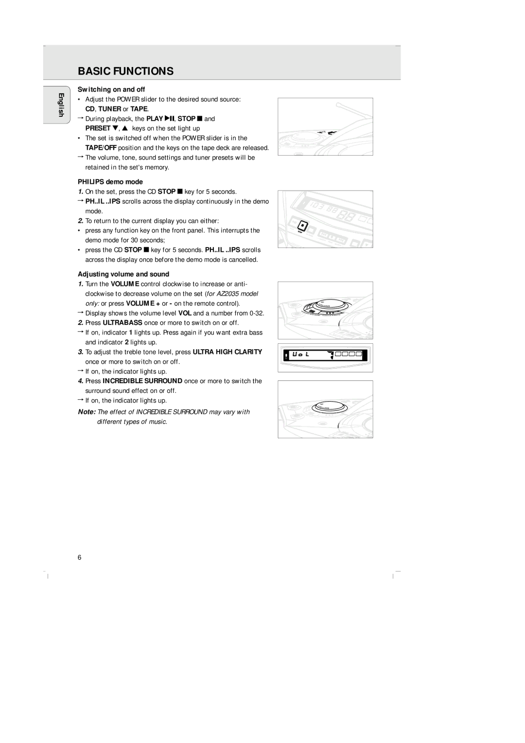 Philips AZ-2030 manual Basic Functions, English Switching on and off, Philips demo mode, Adjusting volume and sound 