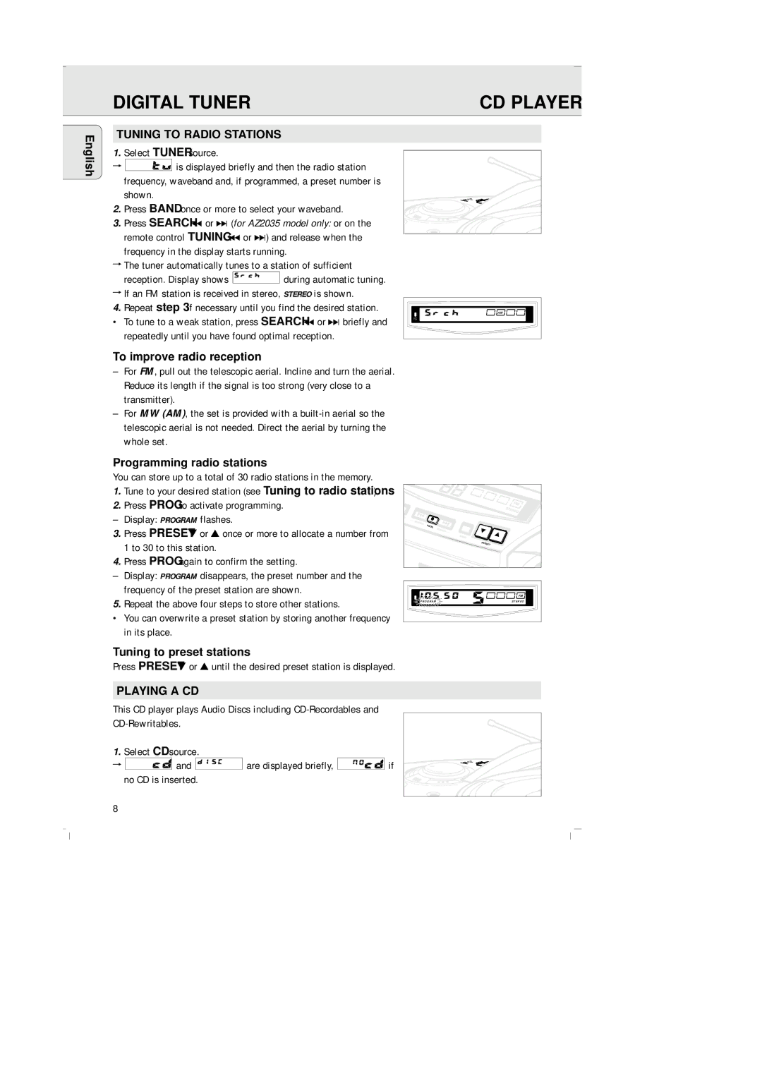 Philips AZ-2030 manual Tuning to Radio Stations, To improve radio reception, Programming radio stations, Playing a CD 