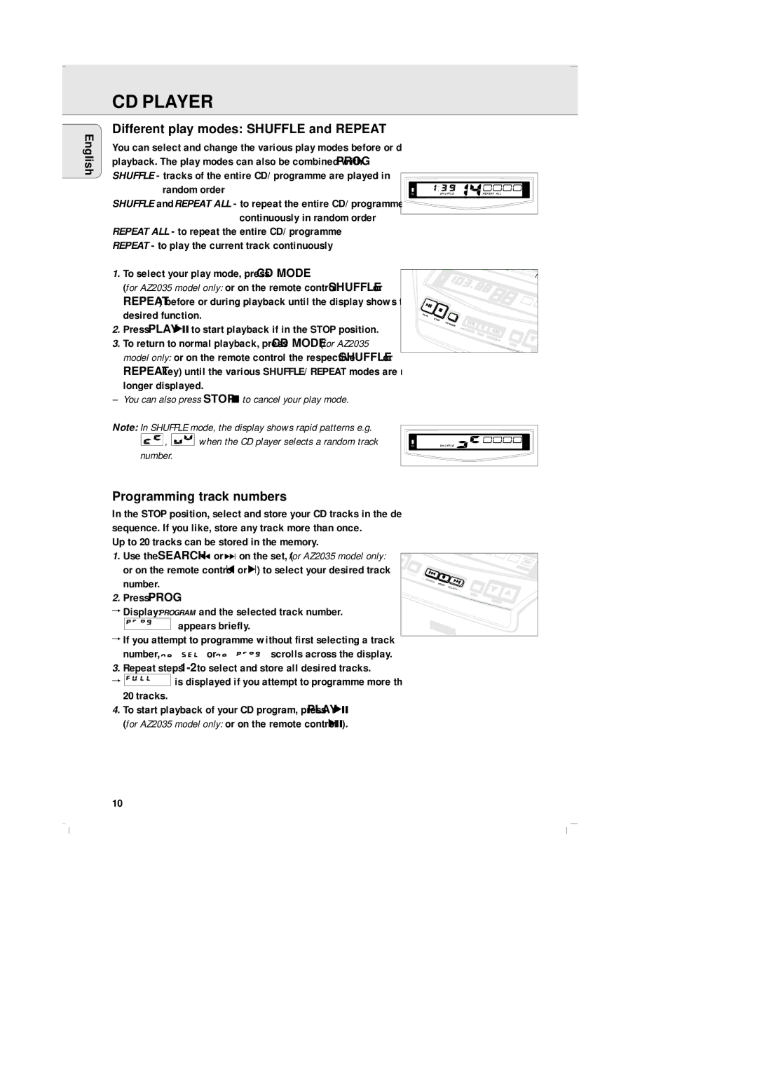 Philips AZ-2030 manual Different play modes Shuffle and Repeat, Programming track numbers, Random order, Number, Tracks 