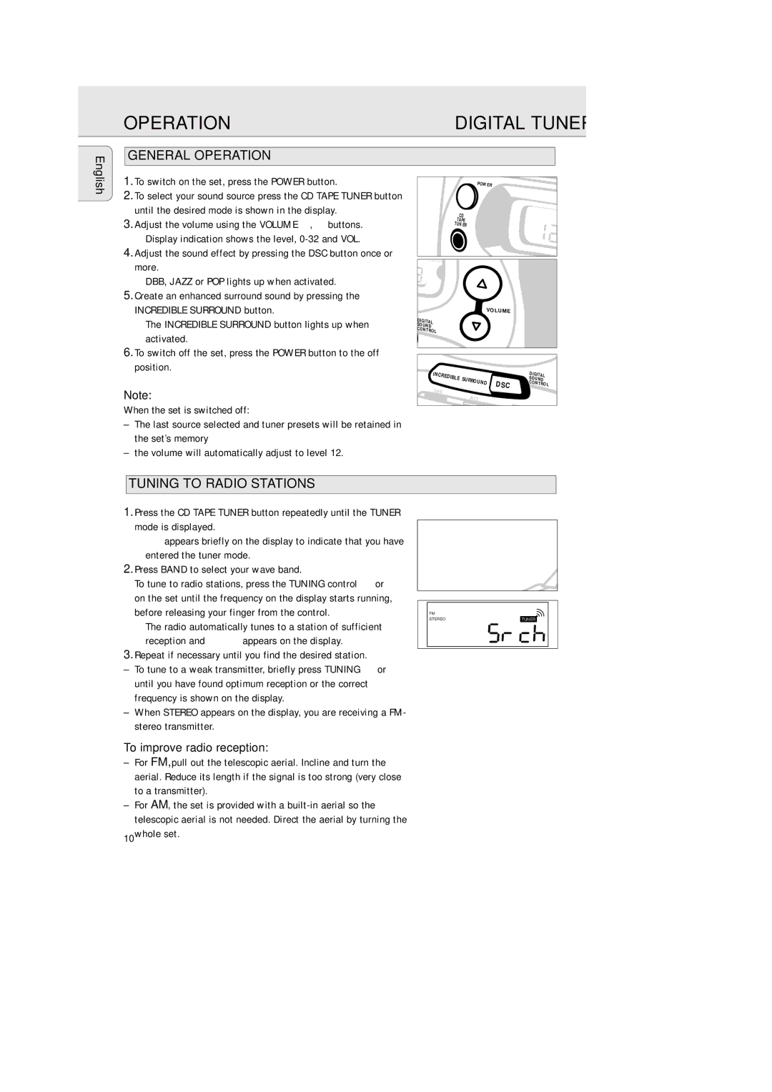 Philips AZ 2425/17 manual General Operation, Tuning to Radio Stations, To improve radio reception 