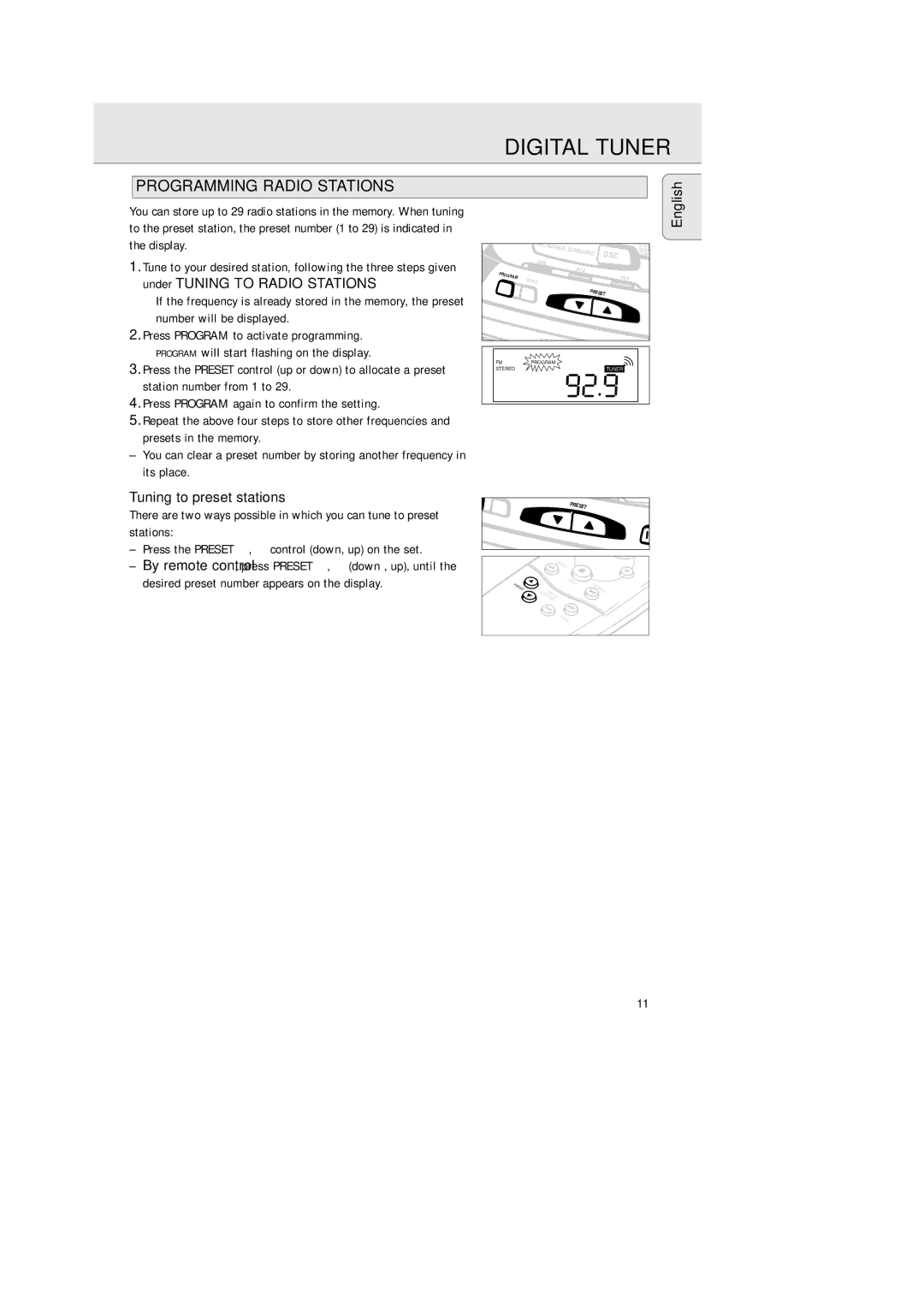 Philips AZ 2425/17 manual Digital Tuner, Programming Radio Stations, English Tuning to preset stations 