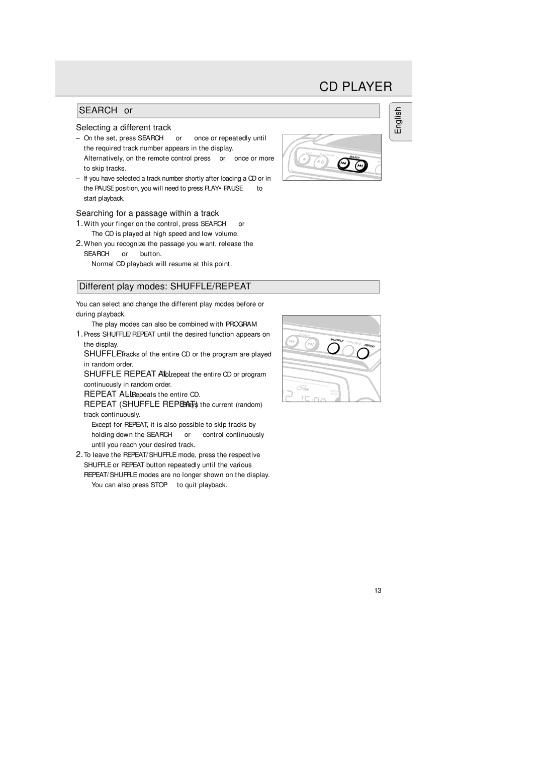 Philips AZ 2425/17 Selecting a different track, To skip tracks, Start playback, Searching for a passage within a track 