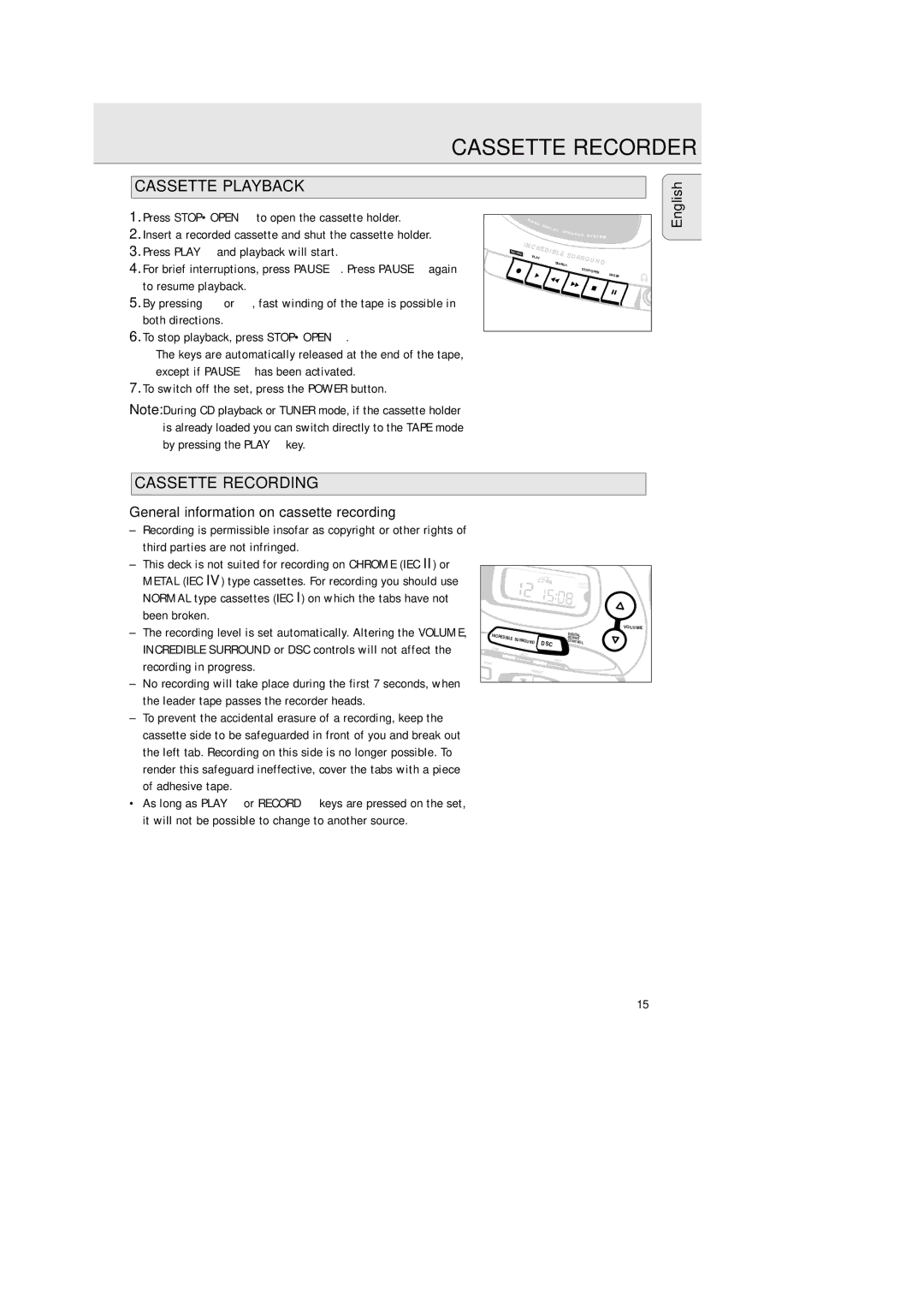 Philips AZ 2425/17 manual Cassette Playback, Cassette Recording, Press Stopopen 9 to open the cassette holder 