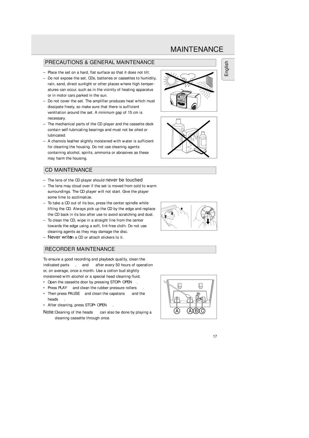 Philips AZ 2425/17 manual Precautions & General Maintenance, CD Maintenance, Recorder Maintenance 