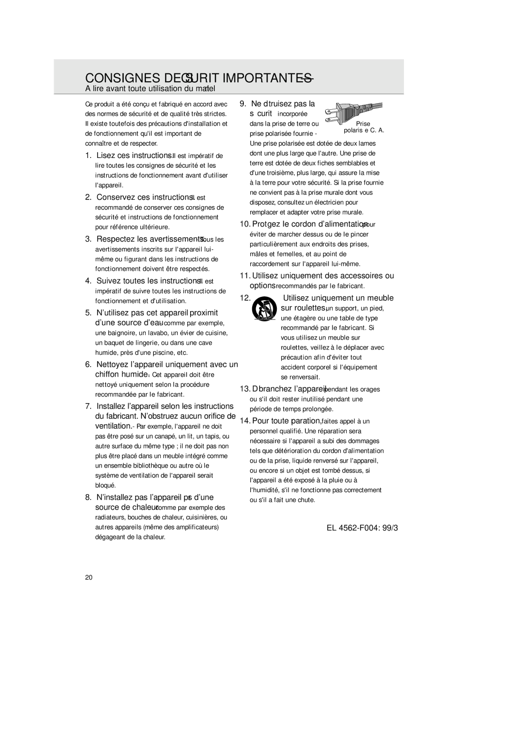 Philips AZ 2425/17 manual Consignes DE Sécurité Importantes, Lire avant toute utilisation du matériel, EL 4562-F004 99/3 