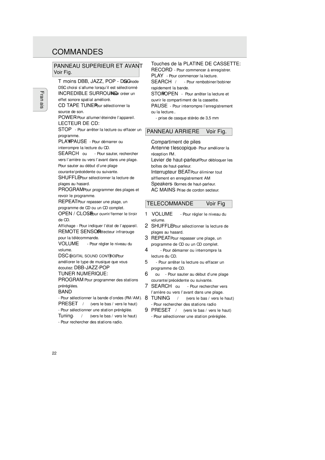 Philips AZ 2425/17 manual Commandes, Panneau Superieur ET Avant, Panneau Arriere, Voir Fig 