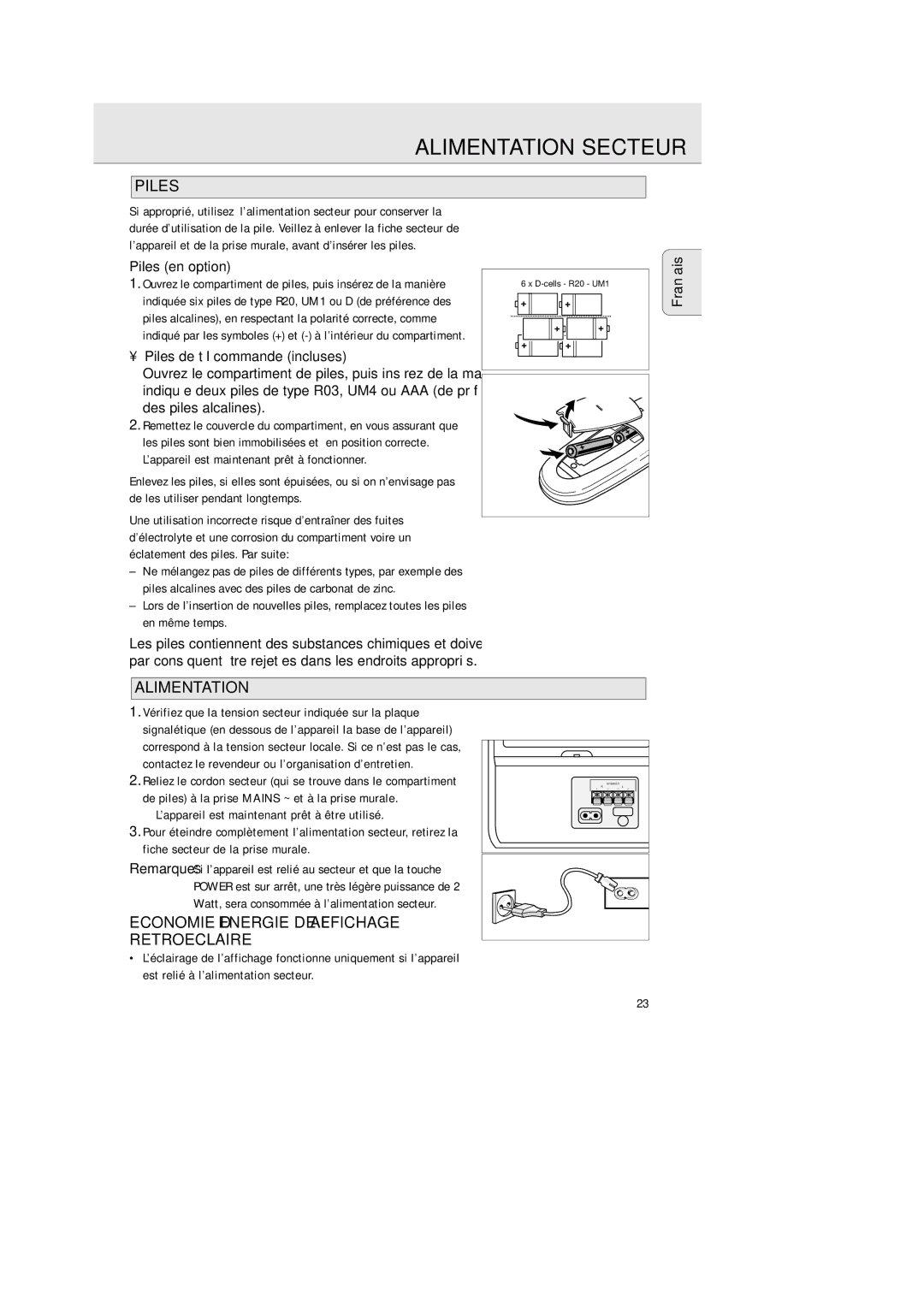 Philips AZ 2425/17 manual Alimentation Secteur, Piles, Economie D’ENERGIE DE L’AFFICHAGE Retroeclaire 