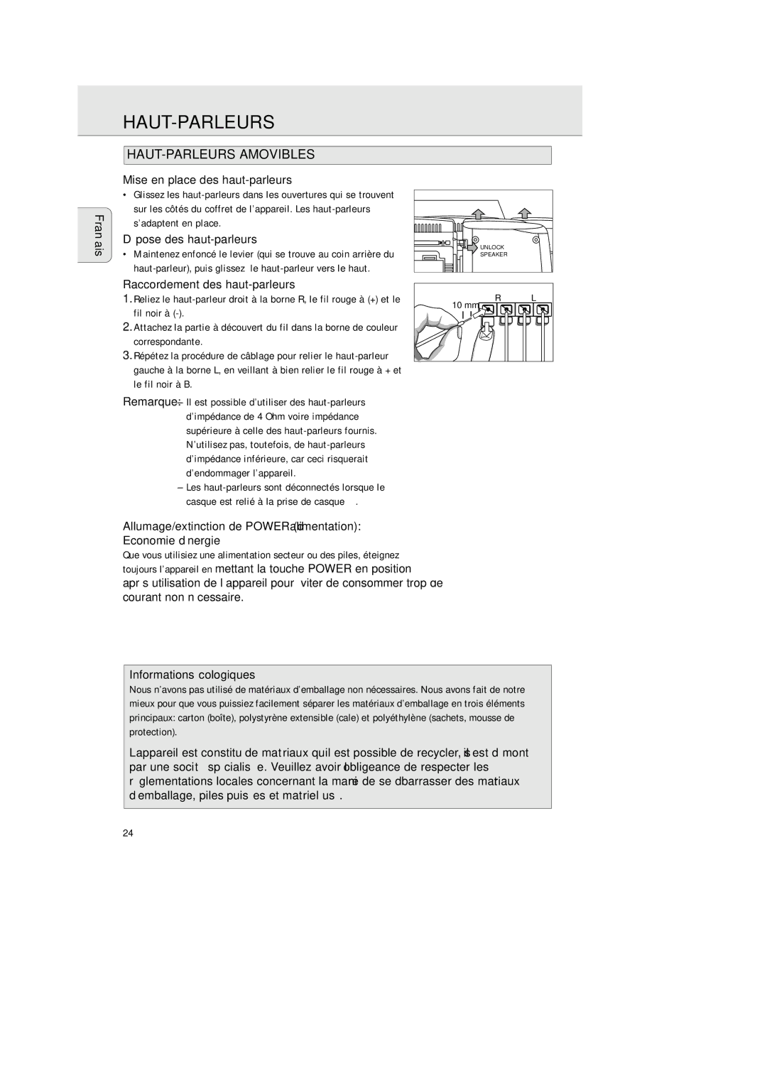 Philips AZ 2425/17 manual Haut-Parleurs, HAUT-PARLEURS Amovibles 