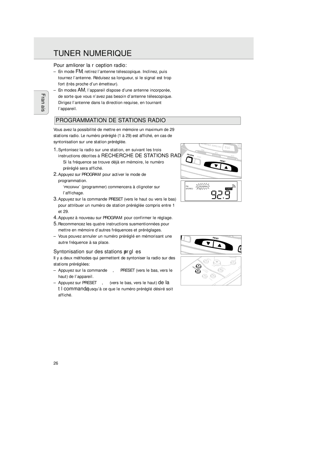 Philips AZ 2425/17 manual Tuner Numerique, Programmation DE Stations Radio, Pour améliorer la réception radio 