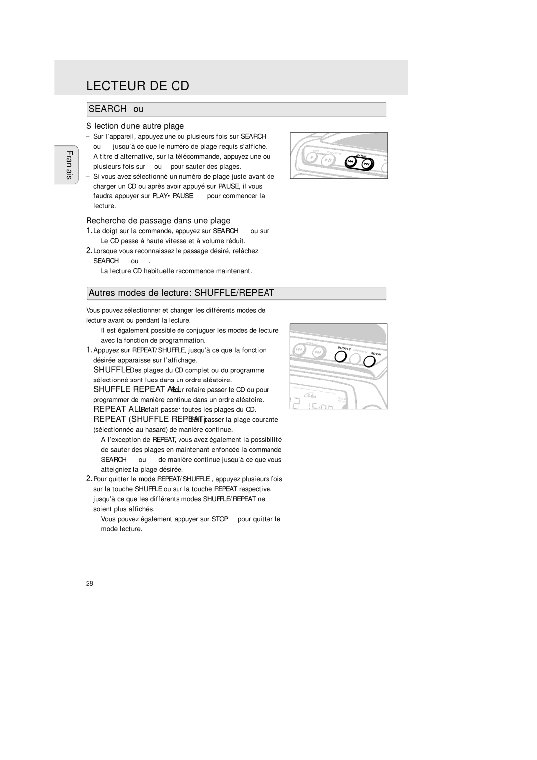 Philips AZ 2425/17 manual Français Sélection d’une autre plage, Recherche de passage dans une plage 