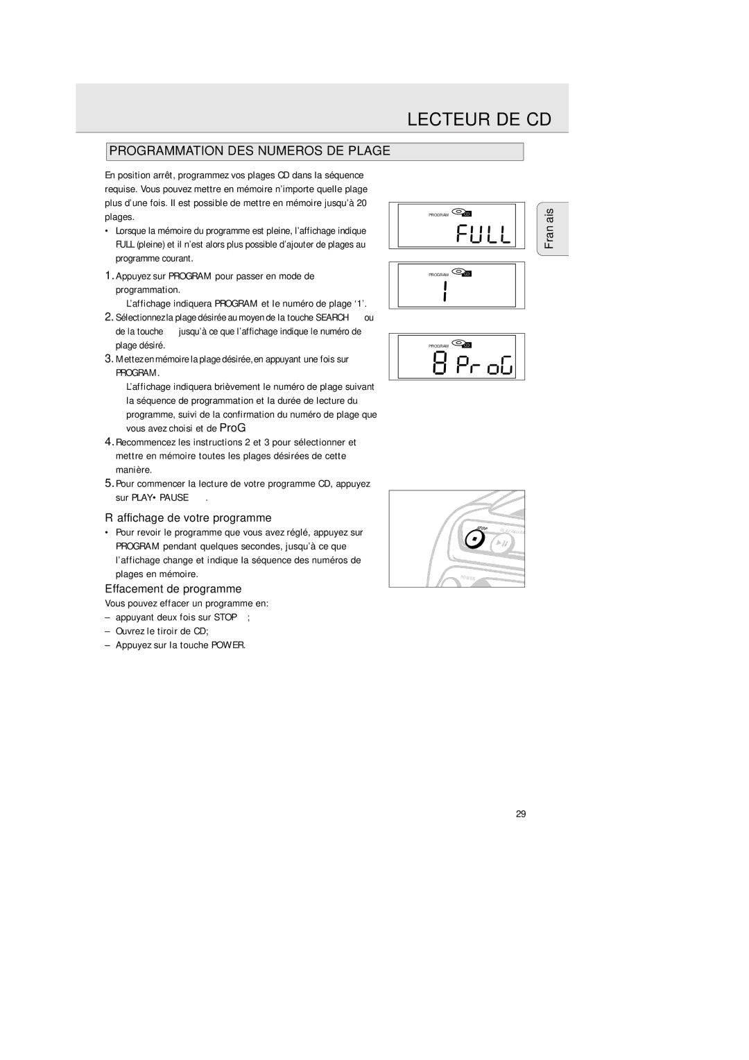 Philips AZ 2425/17 manual Programmation DES Numeros DE Plage, Appuyez sur Program pour passer en mode de programmation 