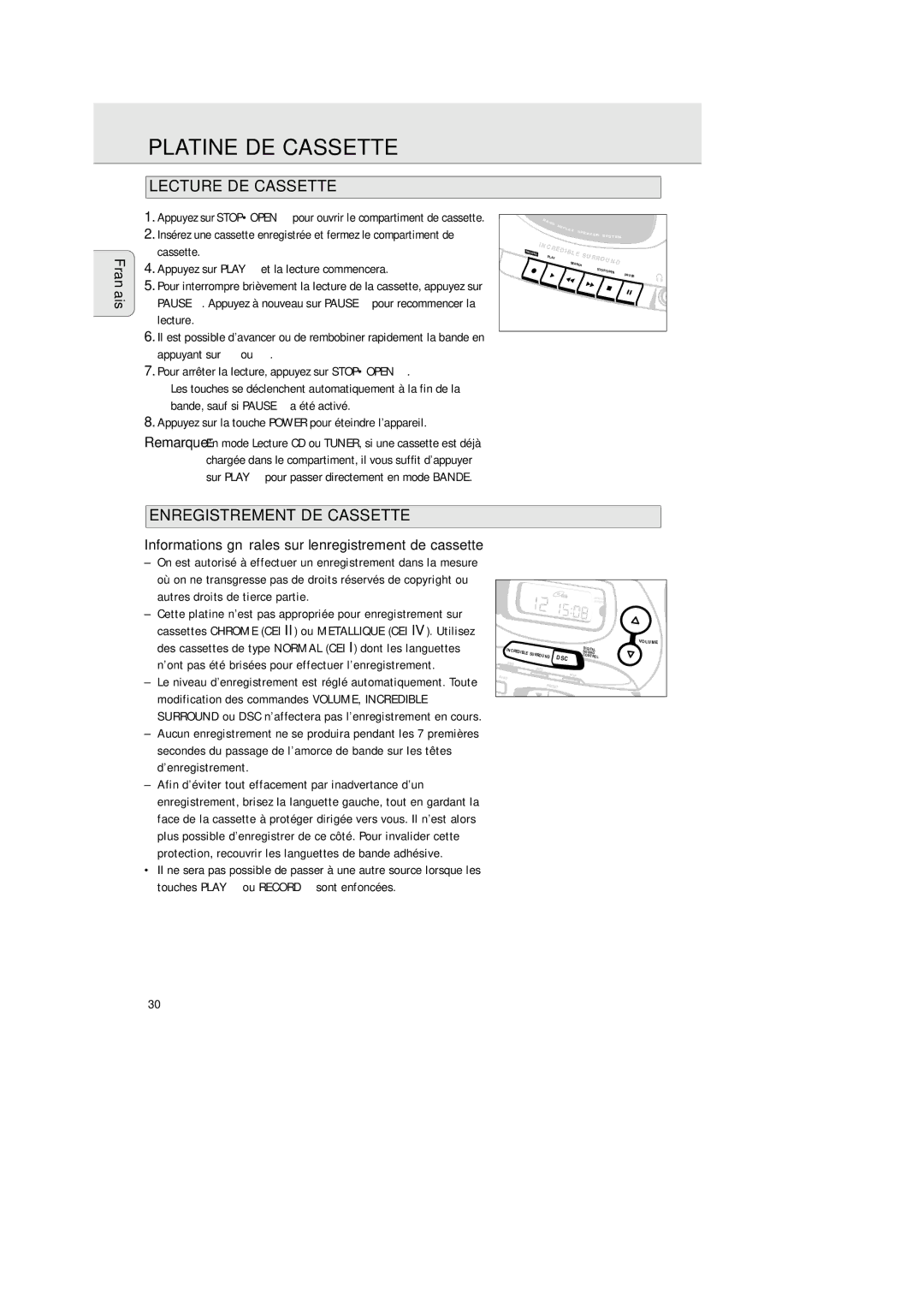 Philips AZ 2425/17 manual Platine DE Cassette, Lecture DE Cassette, Enregistrement DE Cassette 