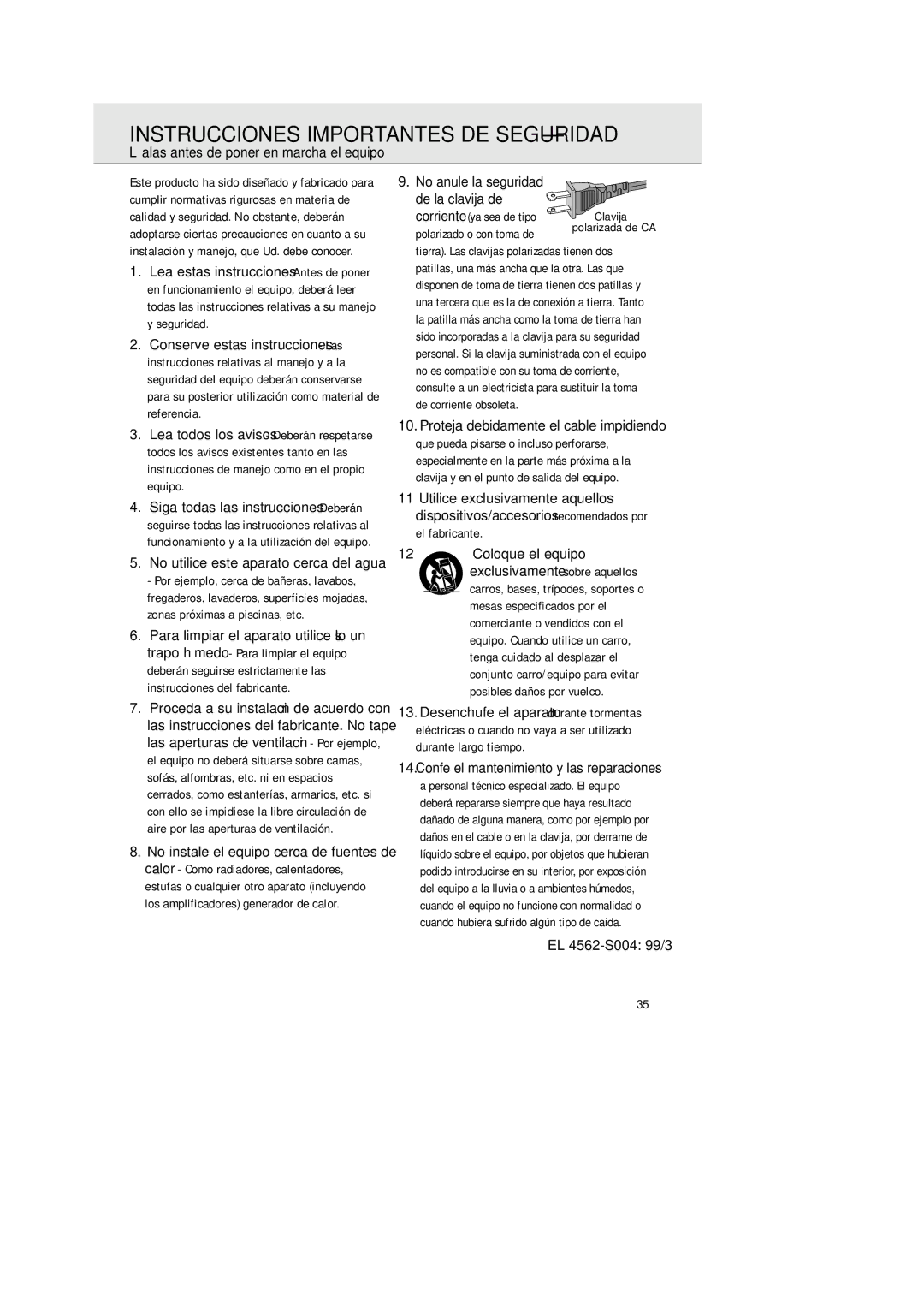 Philips AZ 2425/17 Instrucciones Importantes DE Seguridad, Léalas antes de poner en marcha el equipo, EL 4562-S004 99/3 