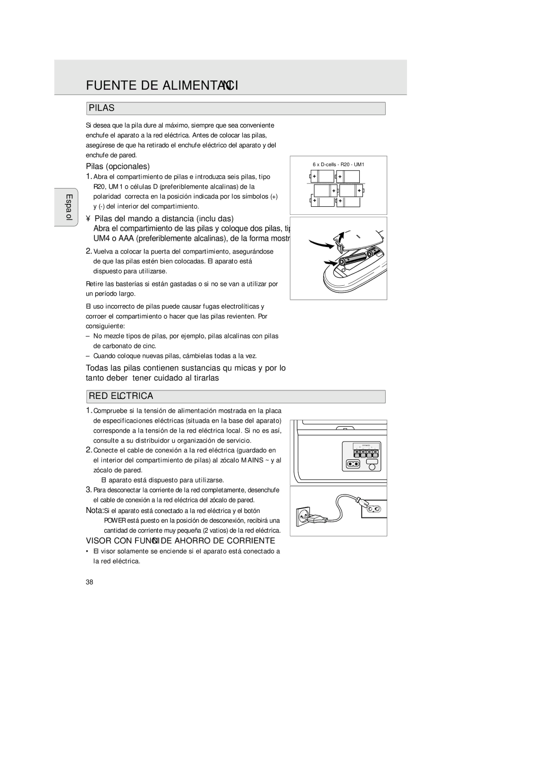 Philips AZ 2425/17 manual Fuente DE Alimentación, RED Eléctrica, Pilas del mando a distancia incluídas 