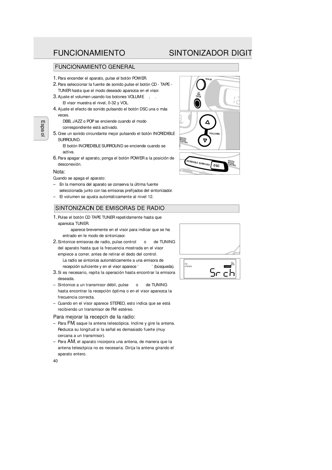 Philips AZ 2425/17 manual Funcionamiento General, Sintonización DE Emisoras DE Radio, Nota 