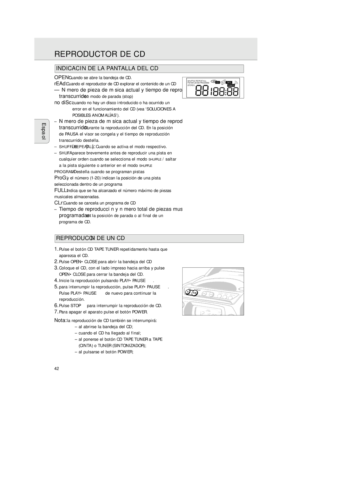 Philips AZ 2425/17 Reproductor DE CD, Indicación DE LA Pantalla DEL CD, Reproducción DE UN CD, Al pulsarse el botón Power 