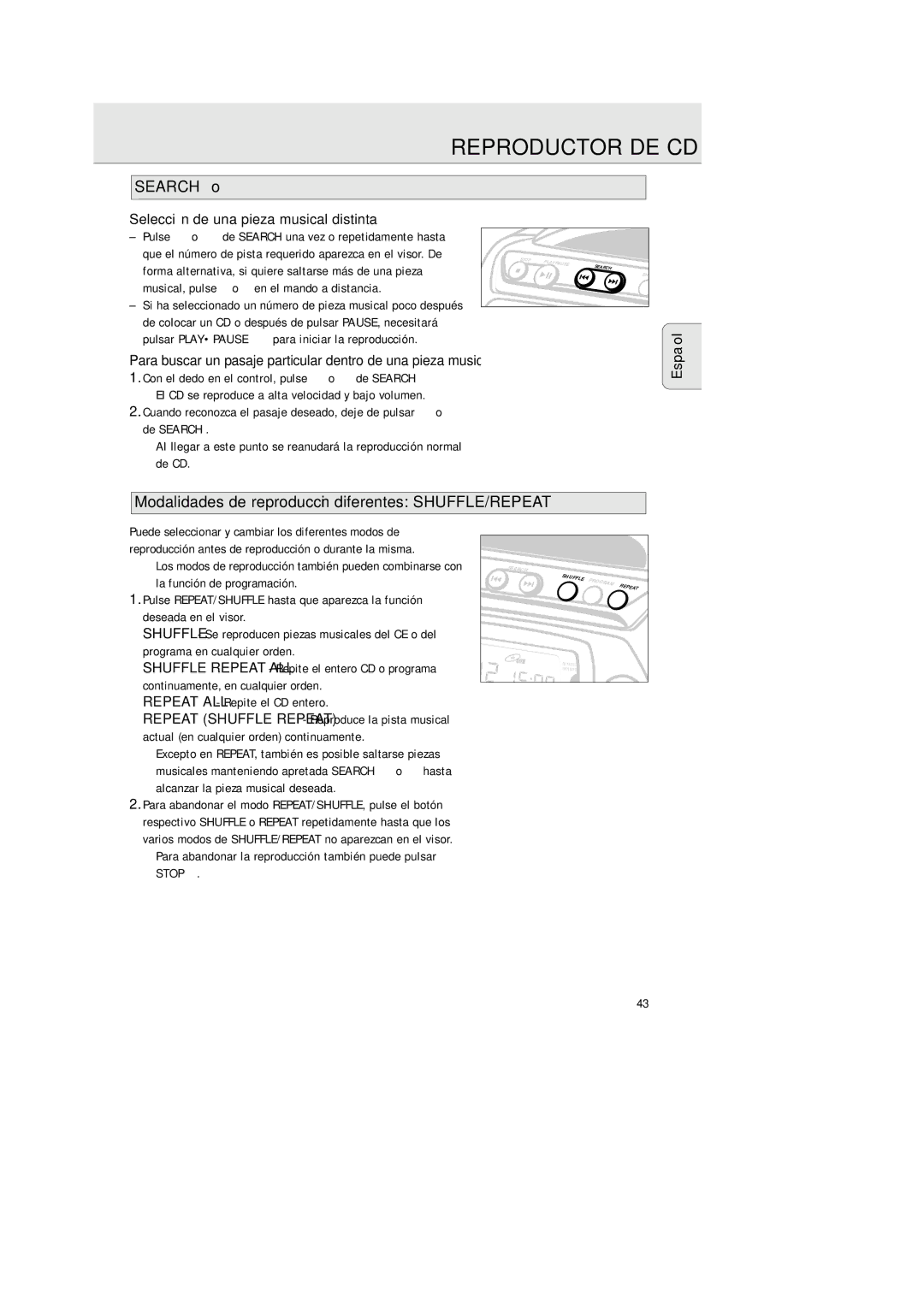 Philips AZ 2425/17 manual Selección de una pieza musical distinta, Con el dedo en el control, pulse ∞ o § de Search 