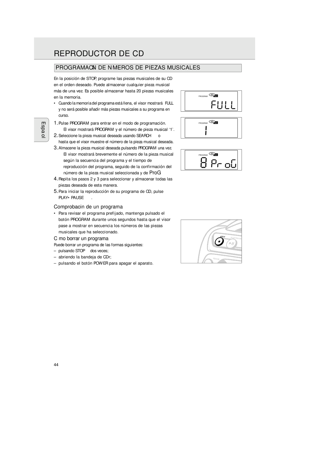 Philips AZ 2425/17 manual Programación DE Números DE Piezas Musicales, Comprobación de un programa, Cómo borrar un programa 