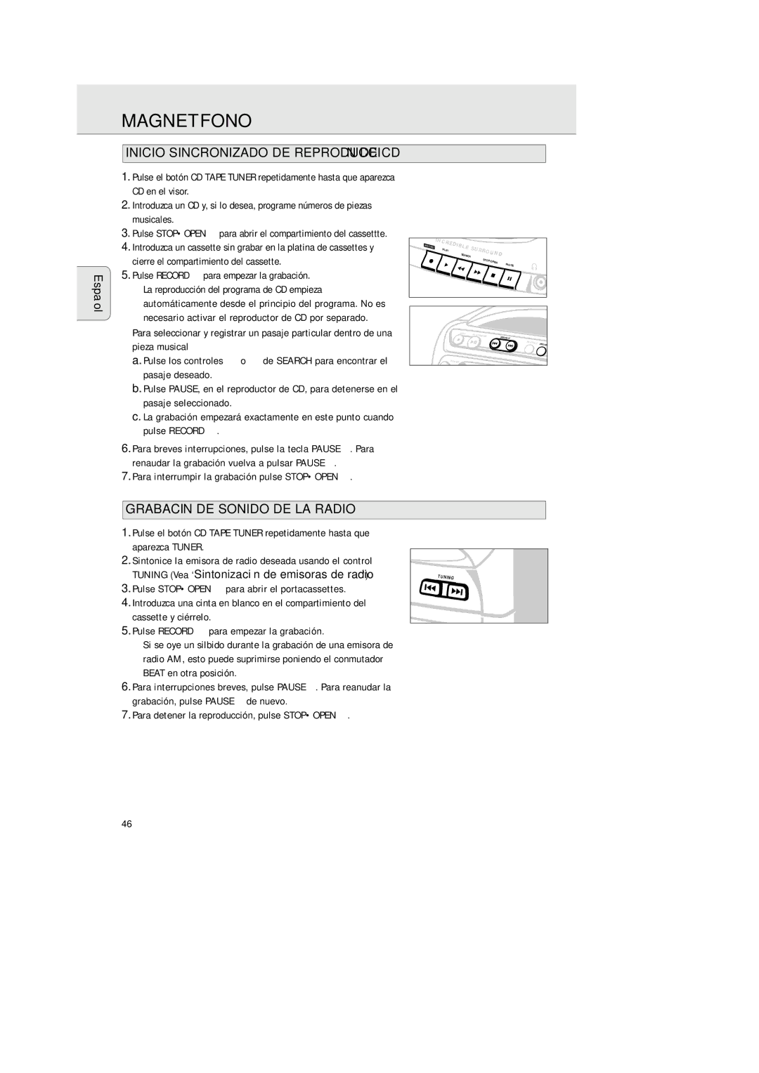 Philips AZ 2425/17 manual Grabación DE Sonido DE LA Radio, Inicio Sincronizado DE Reproducción DE CD 