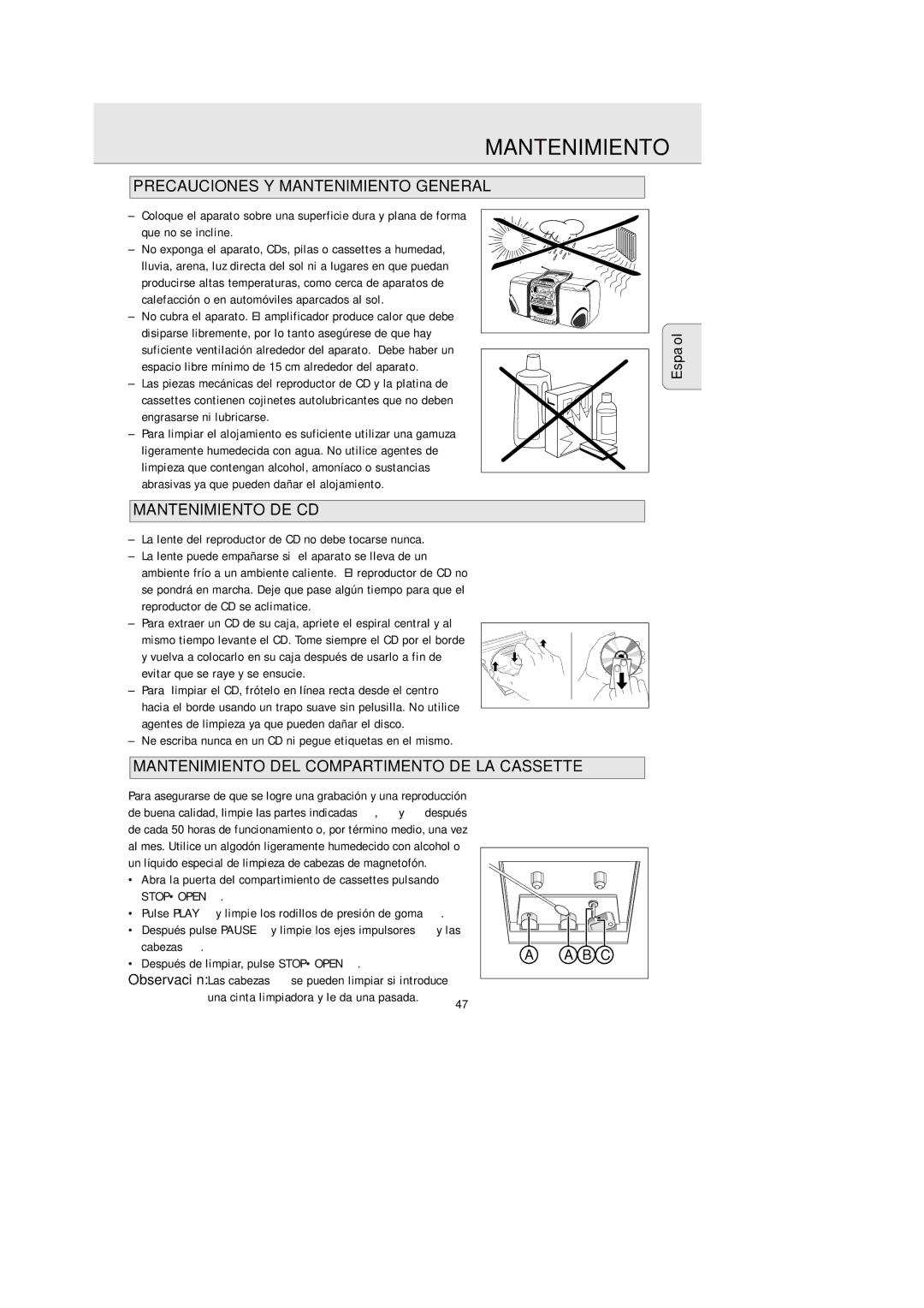 Philips AZ 2425/17 manual Precauciones Y Mantenimiento General, Mantenimiento DE CD 