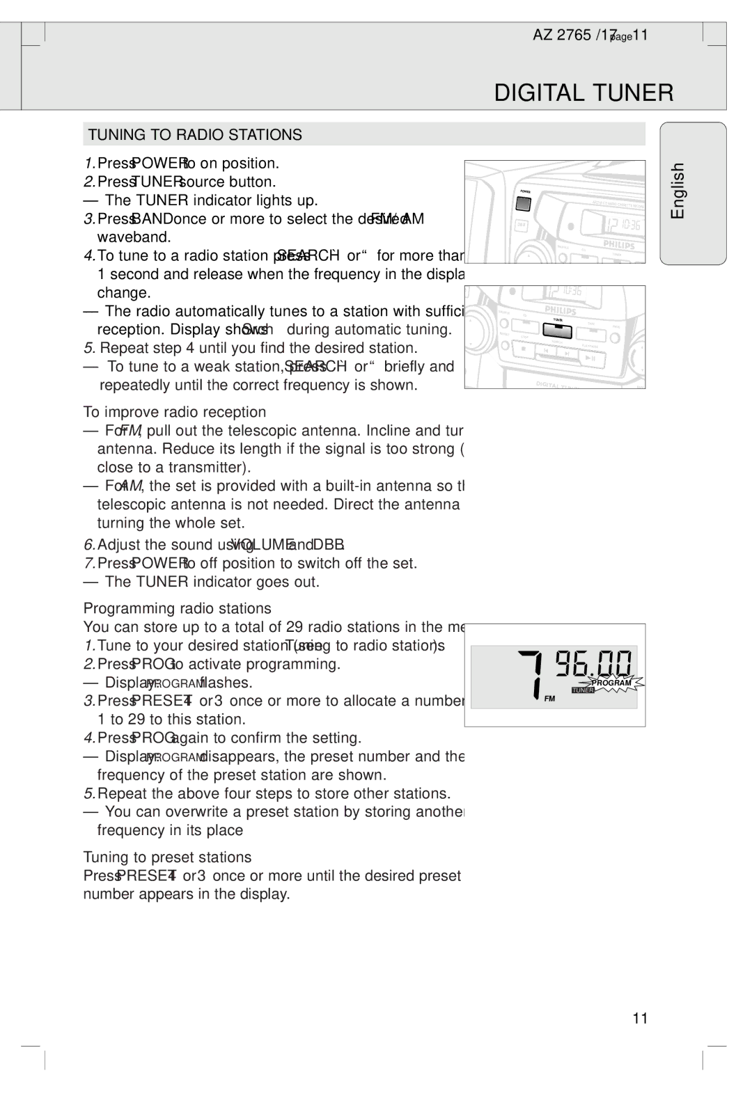 Philips AZ 1560/17 manual Digital Tuner, Tuning to Radio Stations, To improve radio reception, Programming radio stations 