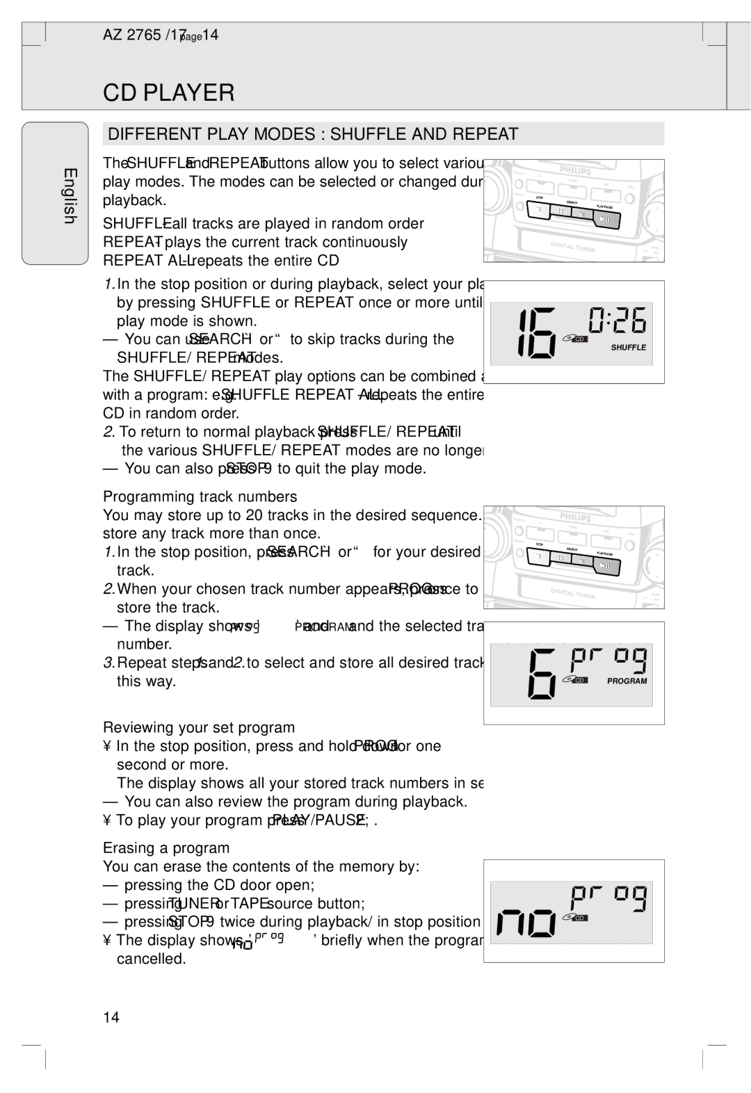 Philips AZ 2765/17 manual Different Play Modes Shuffle and Repeat, Programming track numbers, Reviewing your set program 