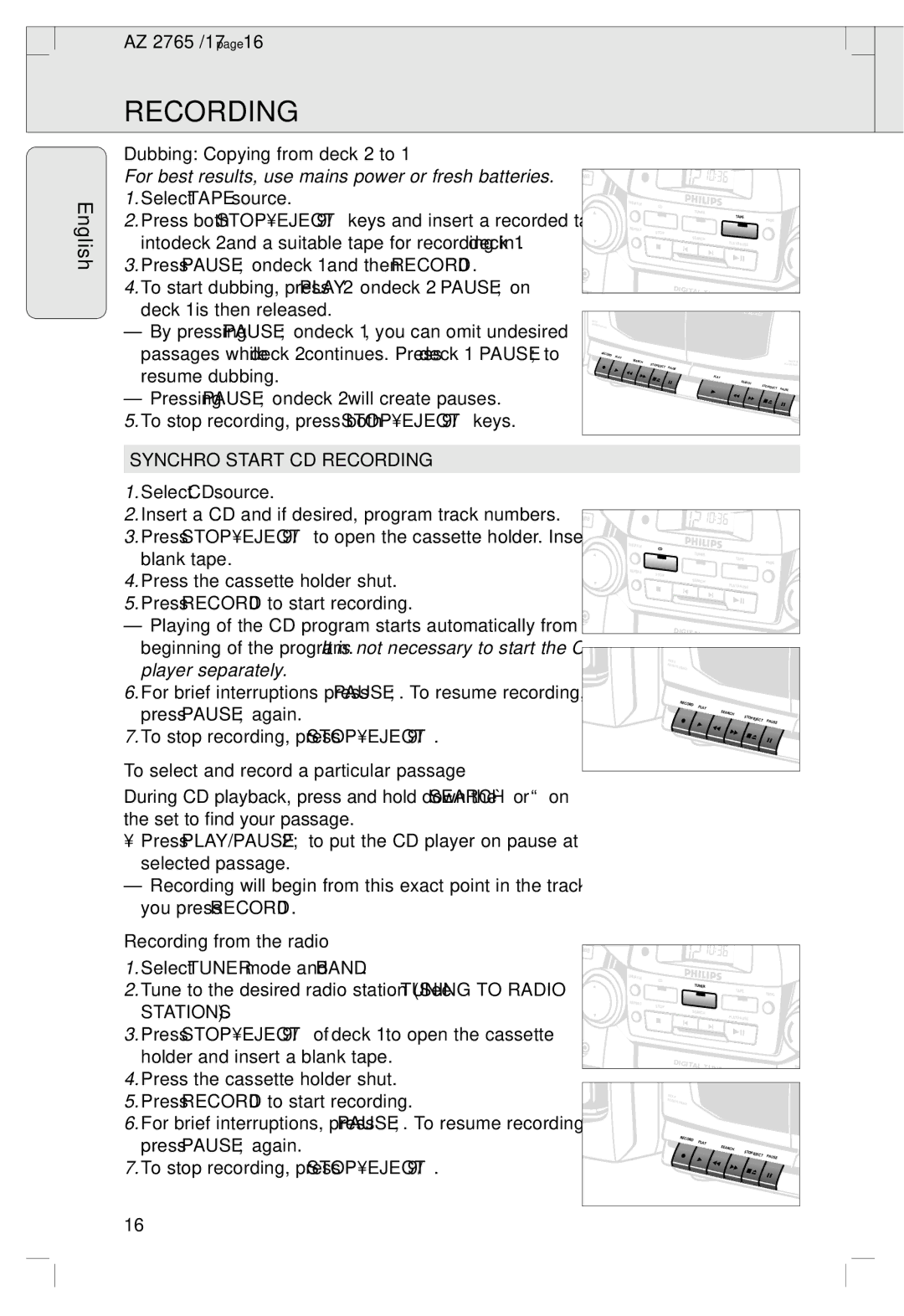 Philips AZ 2765/17 Dubbing Copying from deck 2 to, Synchro Start CD Recording, To select and record a particular passage 