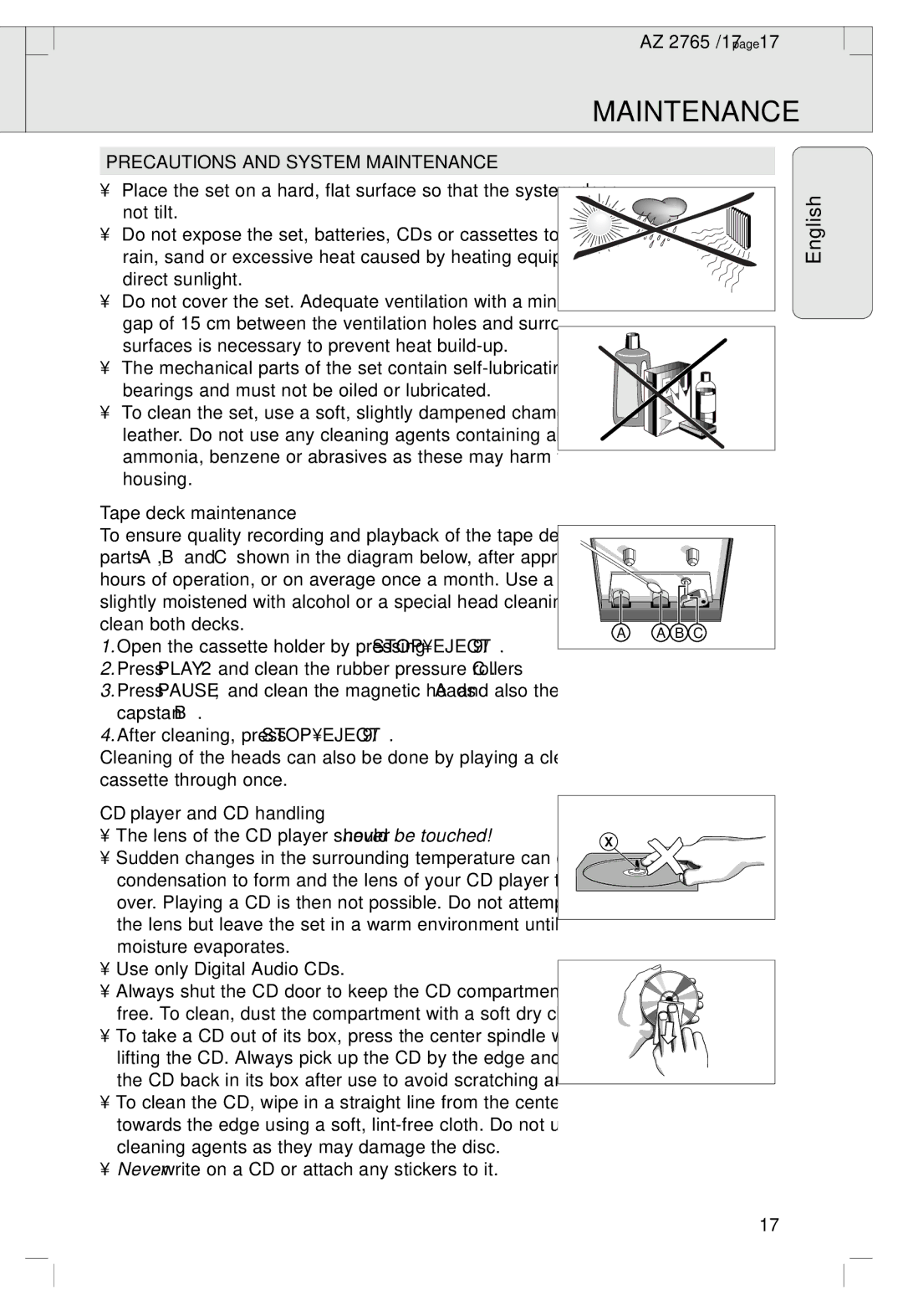 Philips AZ 1560/17, AZ 2765/17 Precautions and System Maintenance, Tape deck maintenance, CD player and CD handling 