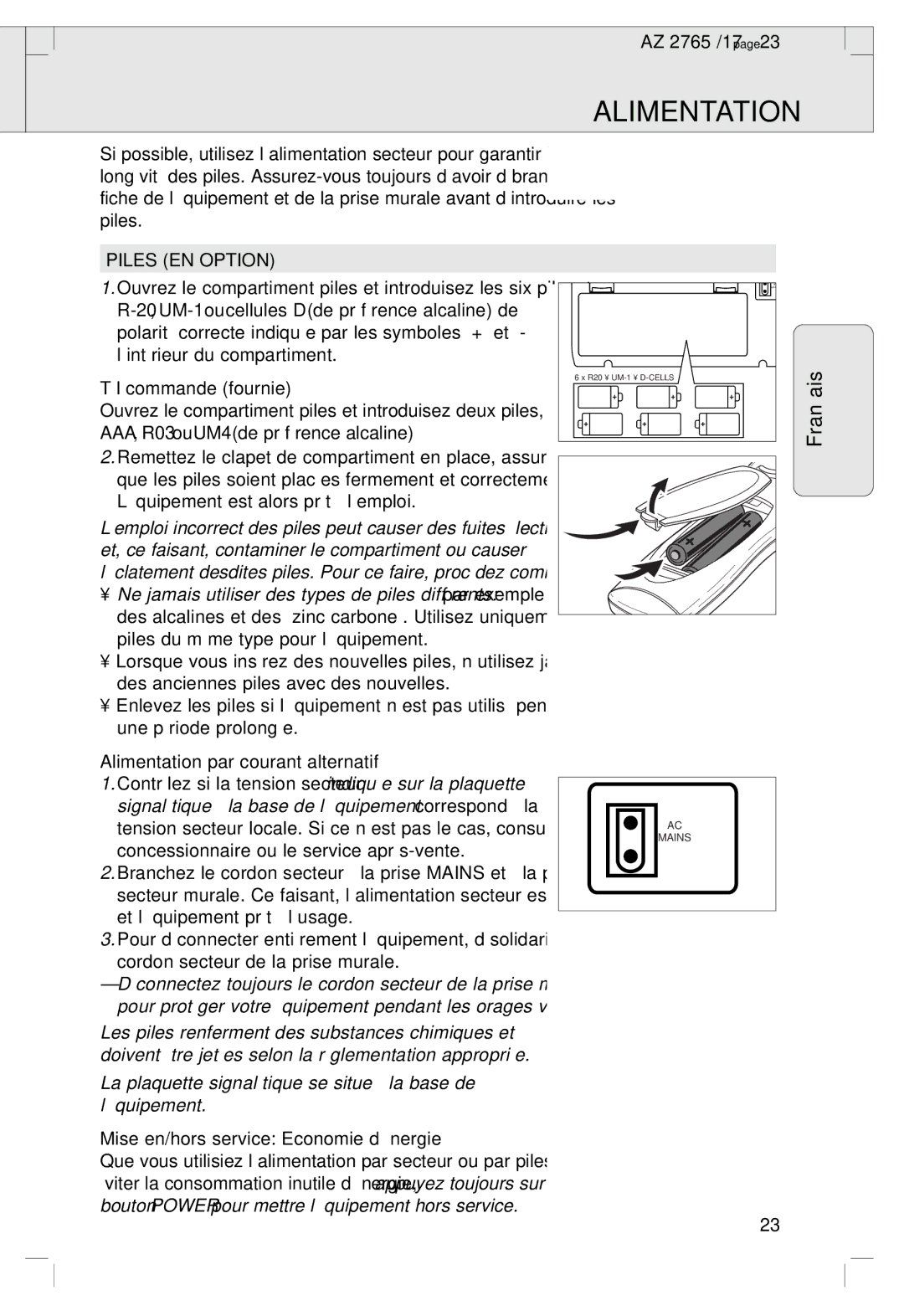 Philips AZ 1560/17, AZ 2765/17 manual Piles EN Option, Télécommande fournie, Alimentation par courant alternatif 