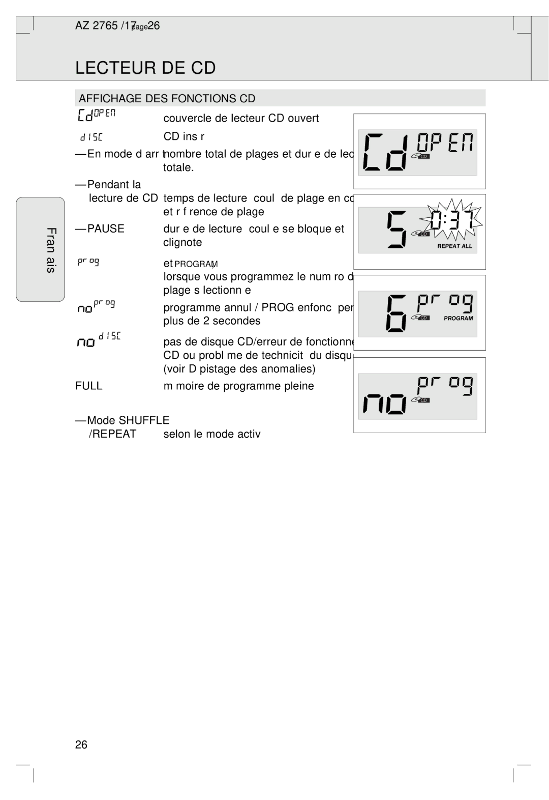 Philips AZ 2765/17, AZ 1560/17 manual Lecteur DE CD, Affichage DES Fonctions CD, Pendant la, Mode Shuffle 