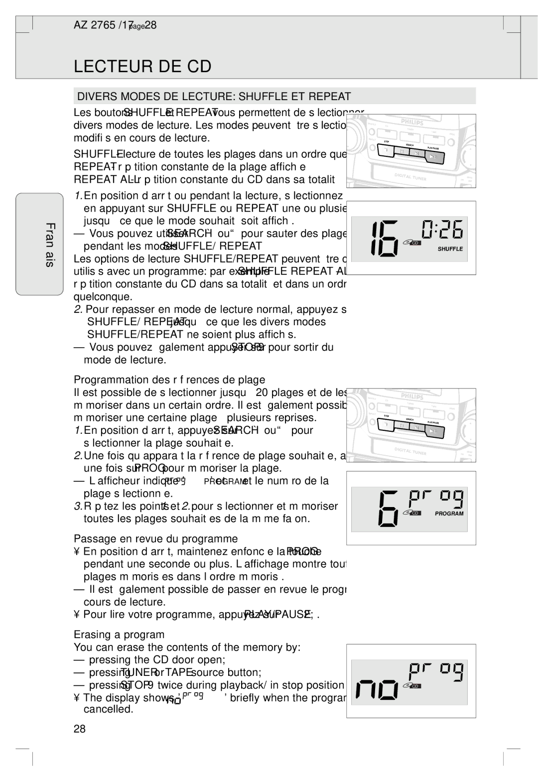 Philips AZ 2765/17, AZ 1560/17 manual Divers Modes DE Lecture Shuffle ET Repeat, Programmation des références de plage 