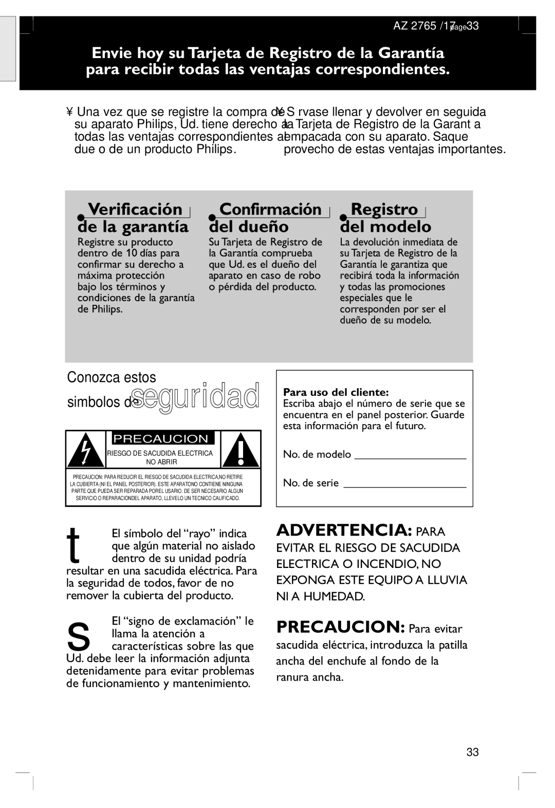 Philips AZ 1560/17, AZ 2765/17 manual Advertencia Para, Para uso del cliente, No. de modelo No. de serie 