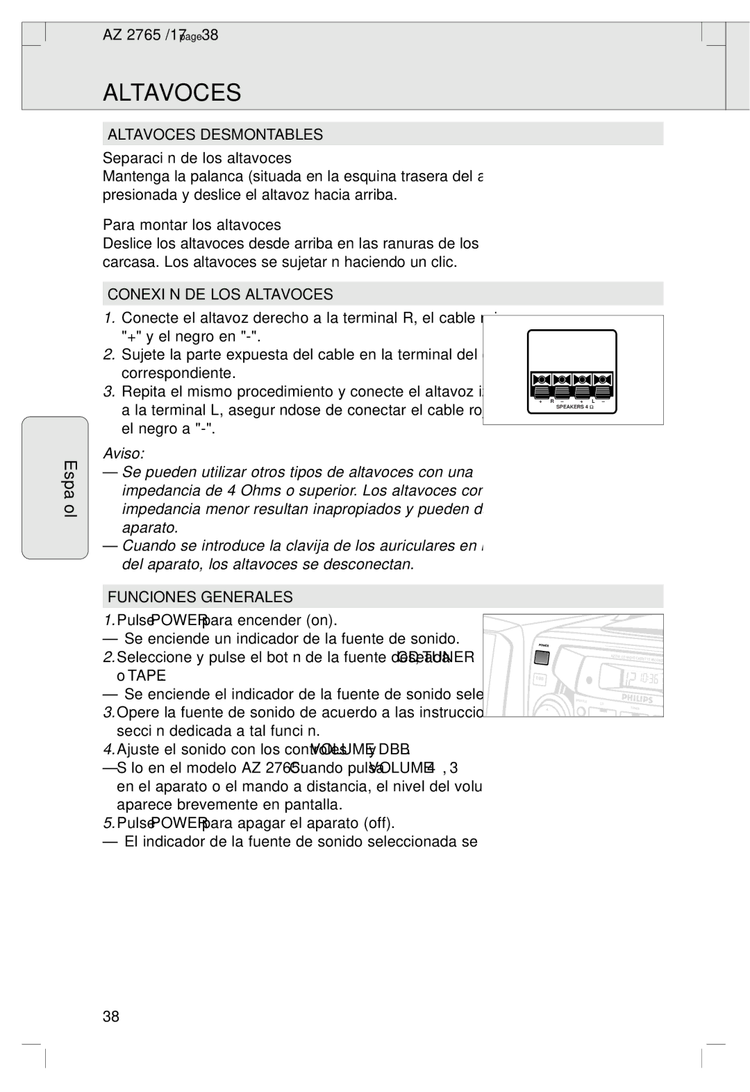 Philips AZ 2765/17, AZ 1560/17 manual Altavoces Desmontables, Conexión DE LOS Altavoces, Aviso, Funciones Generales 