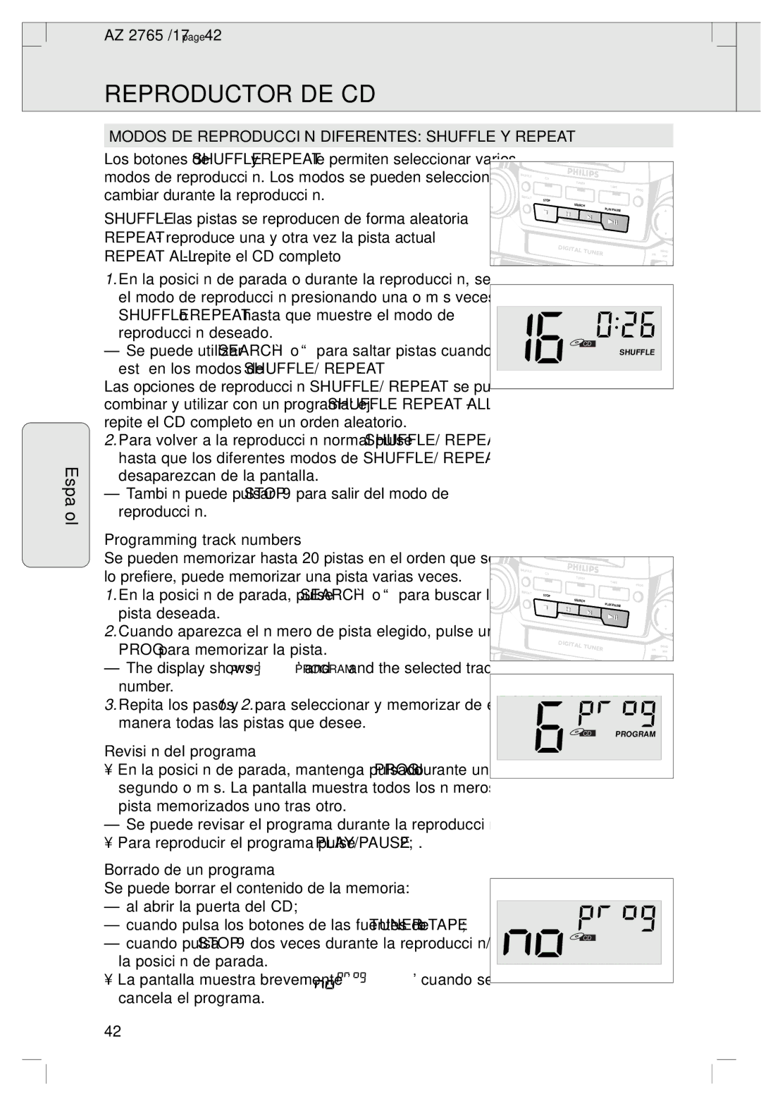 Philips AZ 2765/17 manual Modos DE Reproducción Diferentes Shuffle Y Repeat, Revisión del programa, Borrado de un programa 